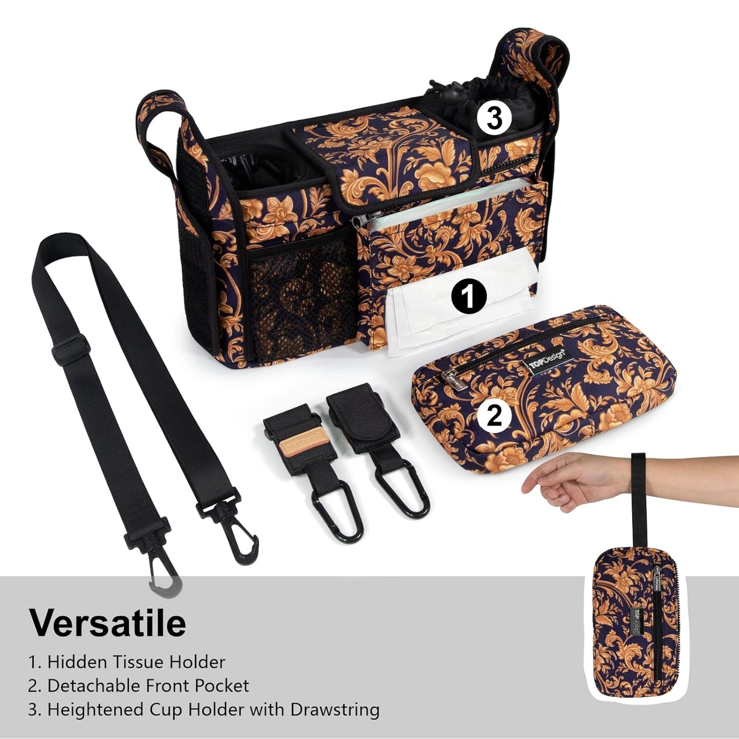 TOPDesign Universal Baby Stroller Organizer, Stroller Caddy with Heightened Insulated Cup Holders & Non-Slip Secure Hooks Accessories, Fits Most Strollers, Machine Washable (Baroque Gold)
