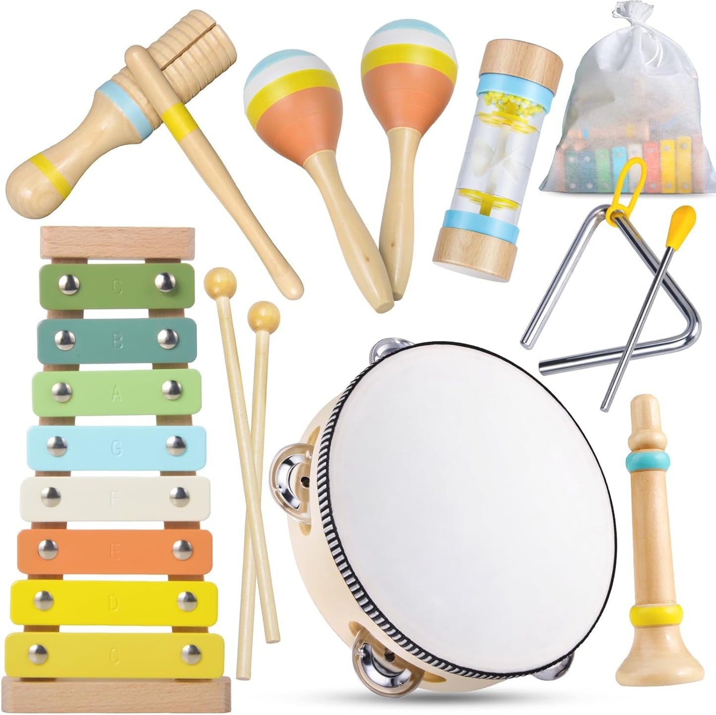 Toddler Musical Instruments Set, Wooden Montessori Toys for 1 2 3 Year Old Boys Girls, Baby Musical Toys with Storage Bag for Early Learning, Christmas Birthday Gift for Kids Preschool Educational