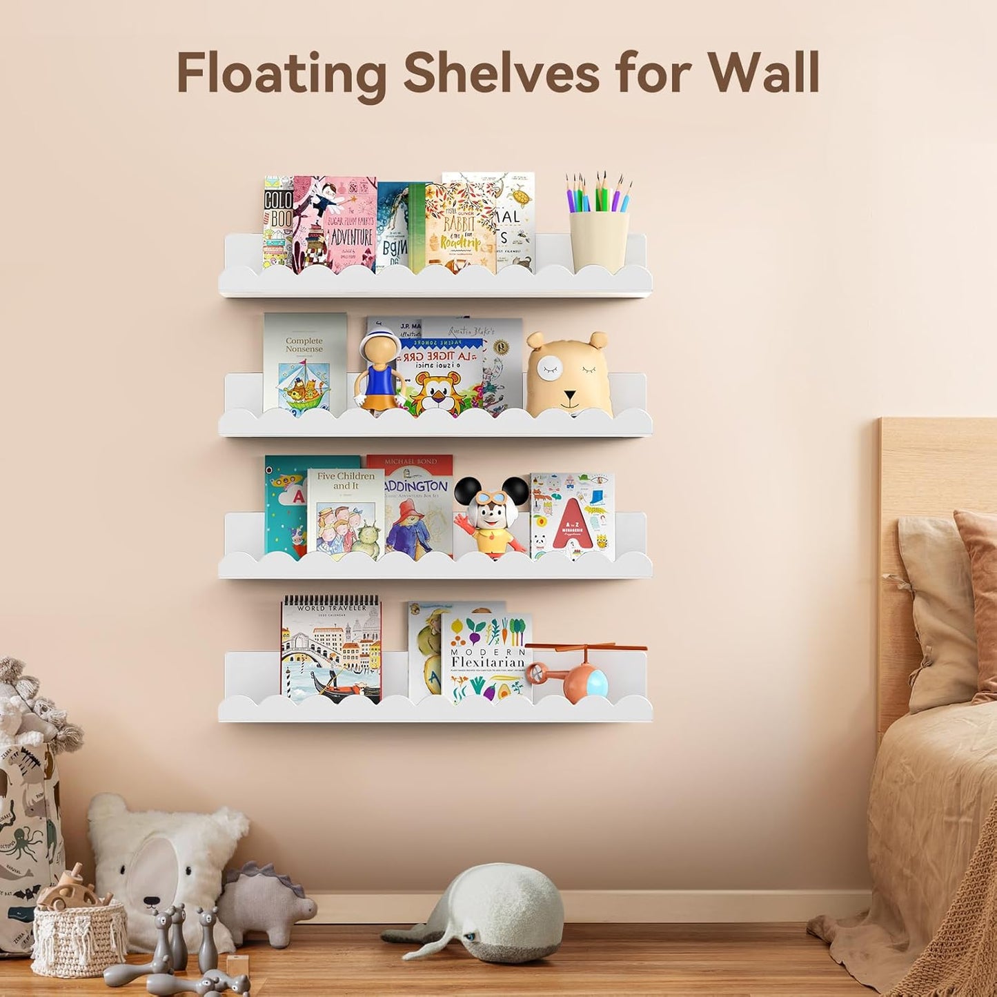 Nursery Book Shelves, 17 Inch White Metal Floating Shelves for Wall 4 Pack, Wall Mounted Book Shelf for Kids Room, Bedroom, Bathroom, Playroom Decor