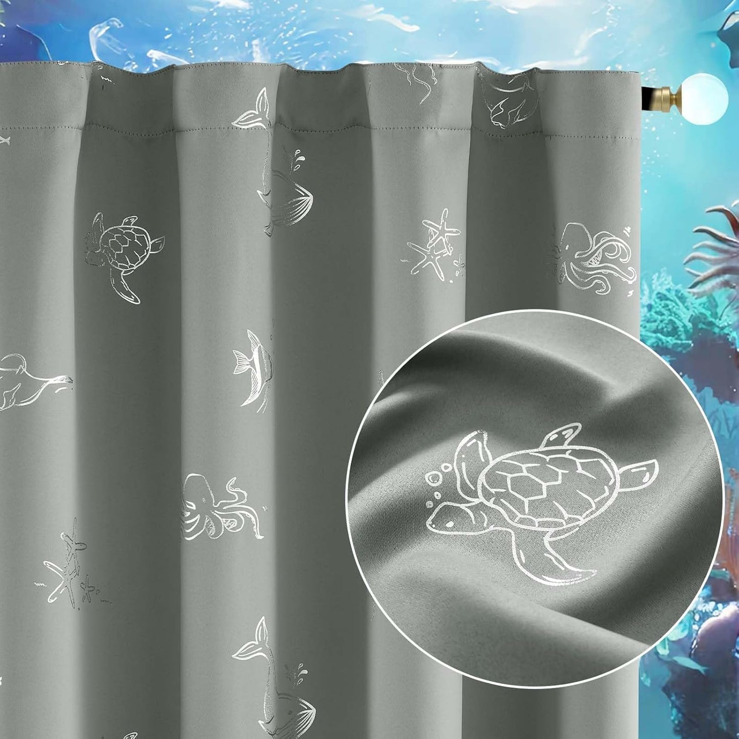 Vangao Kids Curtains for Boys Bedroom Kids Blackout Curtains 84 Inch Length Ocean Aquarium Nursery Drapes for Girls Bedroom Silver Sea Animals Print Thermal Insulated Drapes, Grey 2 Panels