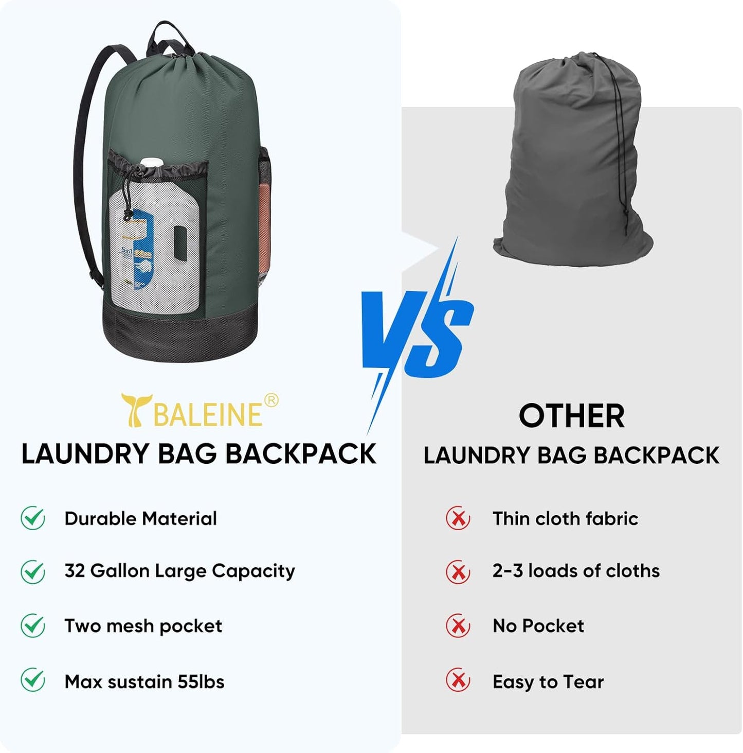 BALEINE 150L Laundry Bag Backpack, 900D Oxford Fabric Large Travel Laundry Bags with Shoulder Straps and 2 Mesh Pockets for College Dorm, Apartment, Laundromat (Dark Grey, 150L)