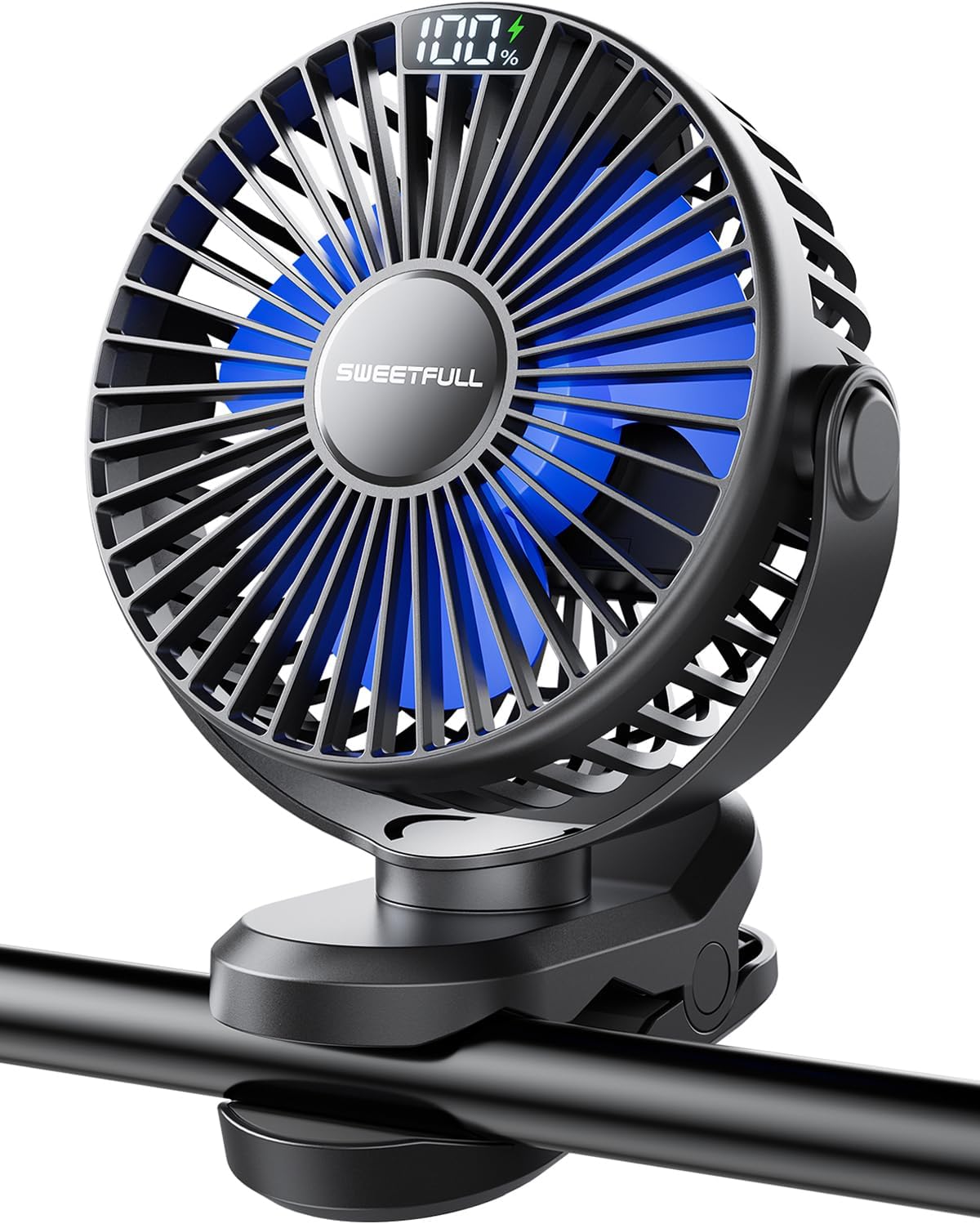 SWEETFULL Portable Clip on Fan - Battery Operated Stroller Fan, 4000mAh Small Rechargeable Fans with LED Display, 4 Speeds, Mini Personal Cooling Desk Cooler for Golf Cart Travel Camping Gym (Black)
