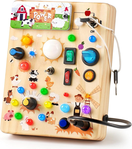 Joyreal Montessori Busy Board Wooden Sensory Toys for Toddler with LED Light Up Switch, Baby Fidget Board Travel Toys for 18+ Months, 1 2 3 Year Old Boys Girls Toddler Toy Gifts (Farm)