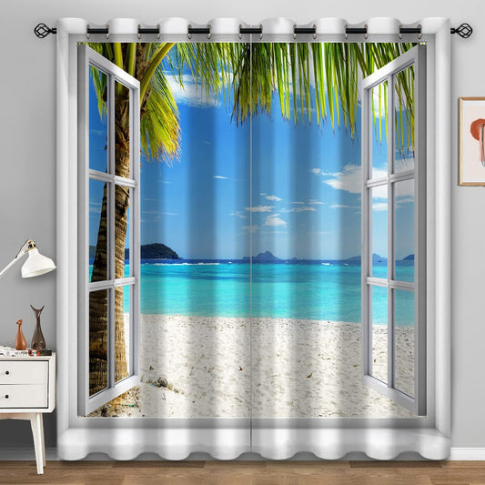 Aimego Ocean Beach Blackout Curtains Tropical Palm Trees White Wooden Window Scenery Decor for Bedroom Living Room Window Drapes Grommet Top Room Darkening Curtains 2 Panel Set 52"X84"