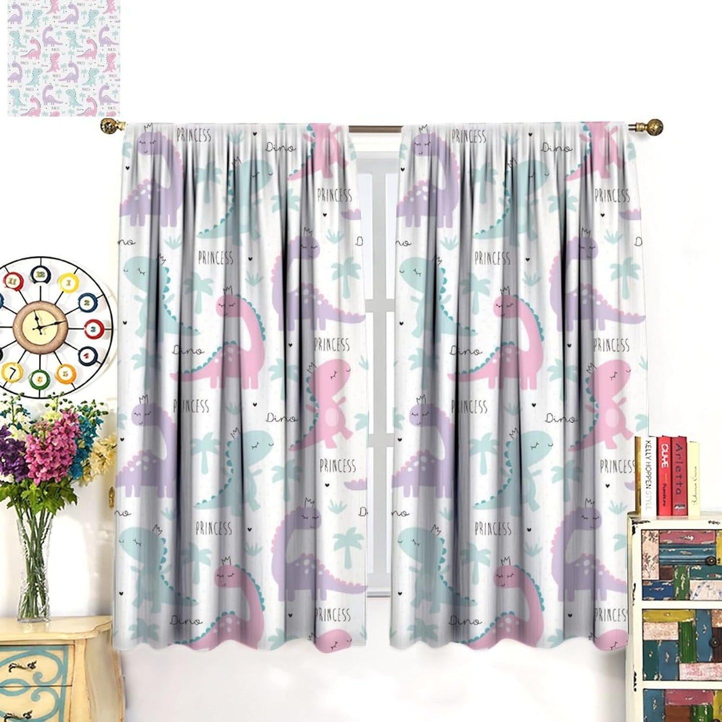 Kids Dinosaur Curtains for Boys Girls Bedroom Decor Cartoon Dino Colorful Cute Funny Animal Wildlife Printed Blackout Rod Pocket Window Drapes for Baby Nursery Playroom W36xL63in 2 Panels