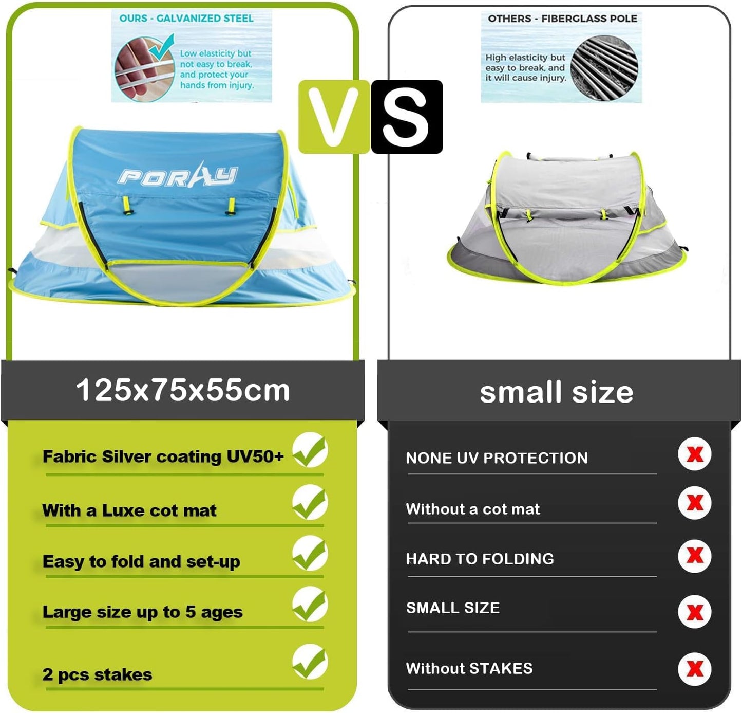 Poray Portable Baby Beach Tent with UPF 50+ Sun Shelter,Mosquito Net and Sunshade, Ideal Pop Up Kids Travel Tent with Carry Bag & 2 Stakes,Outdoor Indoor Play and Sun Protection