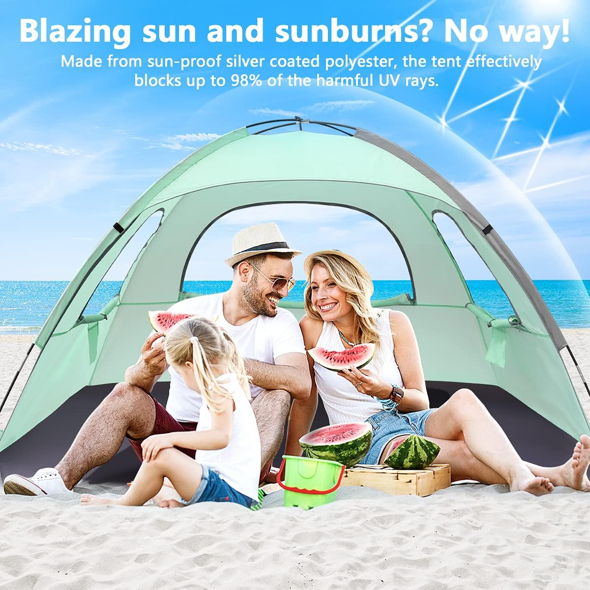 NXONE Beach Tent Sun Shade Shelter for 3/4/6 Person Person with UV Protection, Extended Floor, 3 Mesh Roll Up Windows & 8.0/8.5mm Fiberglass Rods丨Carry Bag Included
