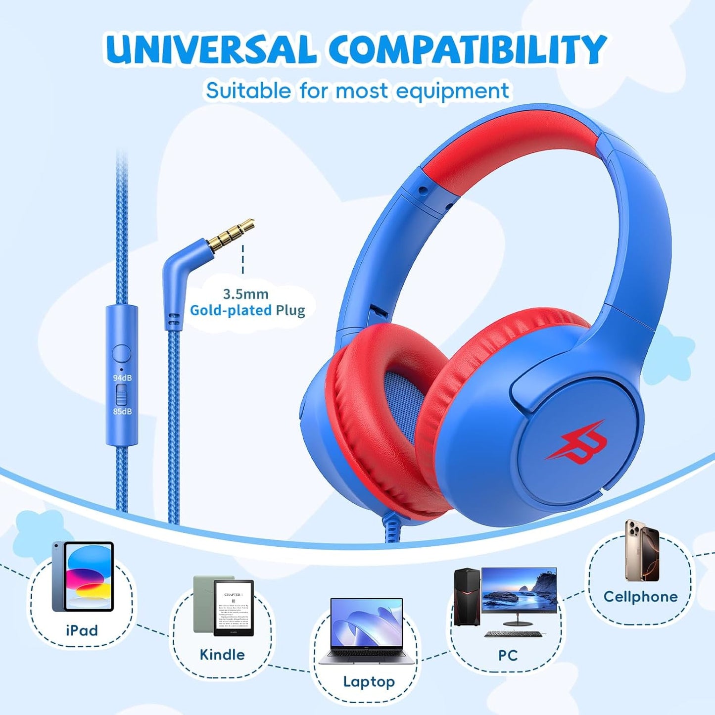 Kids Headphones for School, 85/94 dB Volume Limit, Wired Over Ear Headphones for Kids Boys Girls with Microphone, Foldable Stereo Sound 3.5mm Wired Cord for Kindle Tablet Airplane Travel, Blue