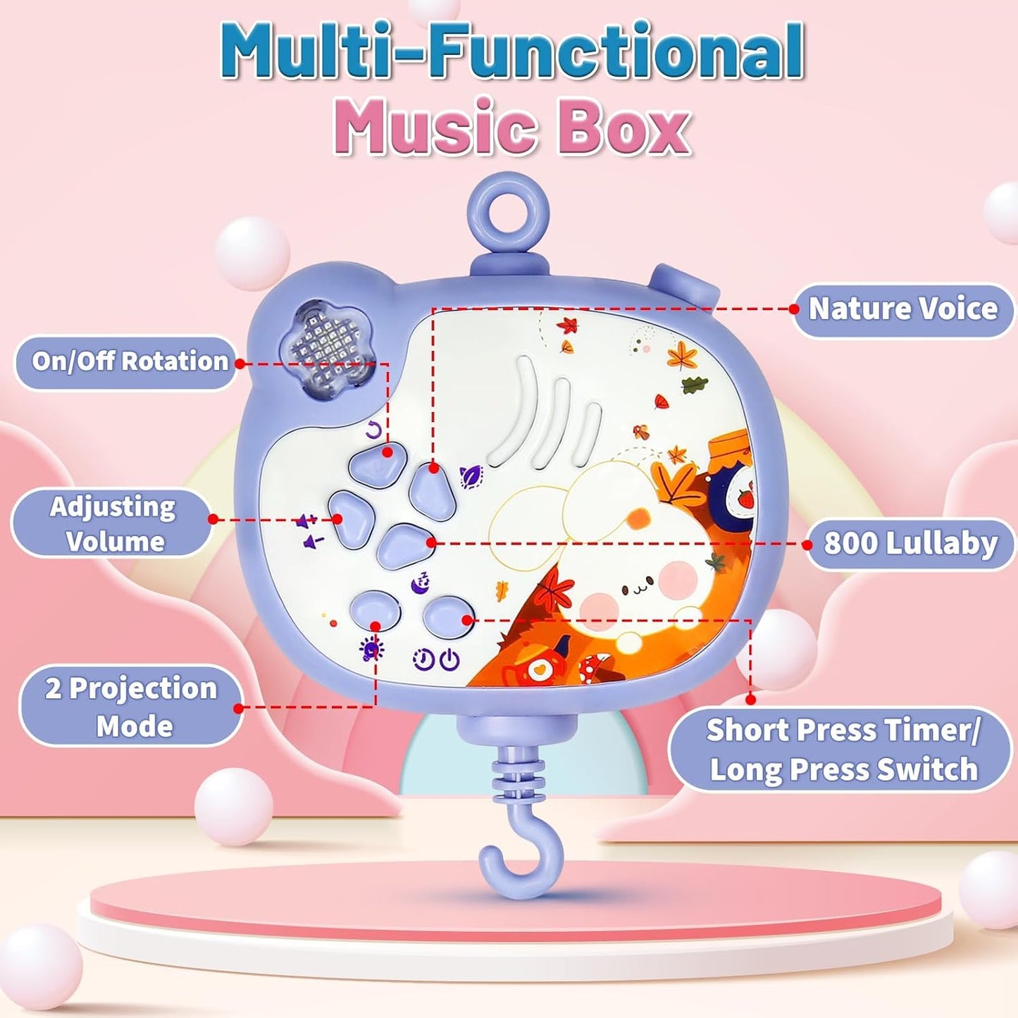 Baby Mobiles for Cribs, Crib Mobile with Music and Lights, Nursery Musical Mobile for Bassinets Hanging Toys with Remote Control, Rotation, Projection, Animal Mobile Arm Clip On for Infant Boys Girls