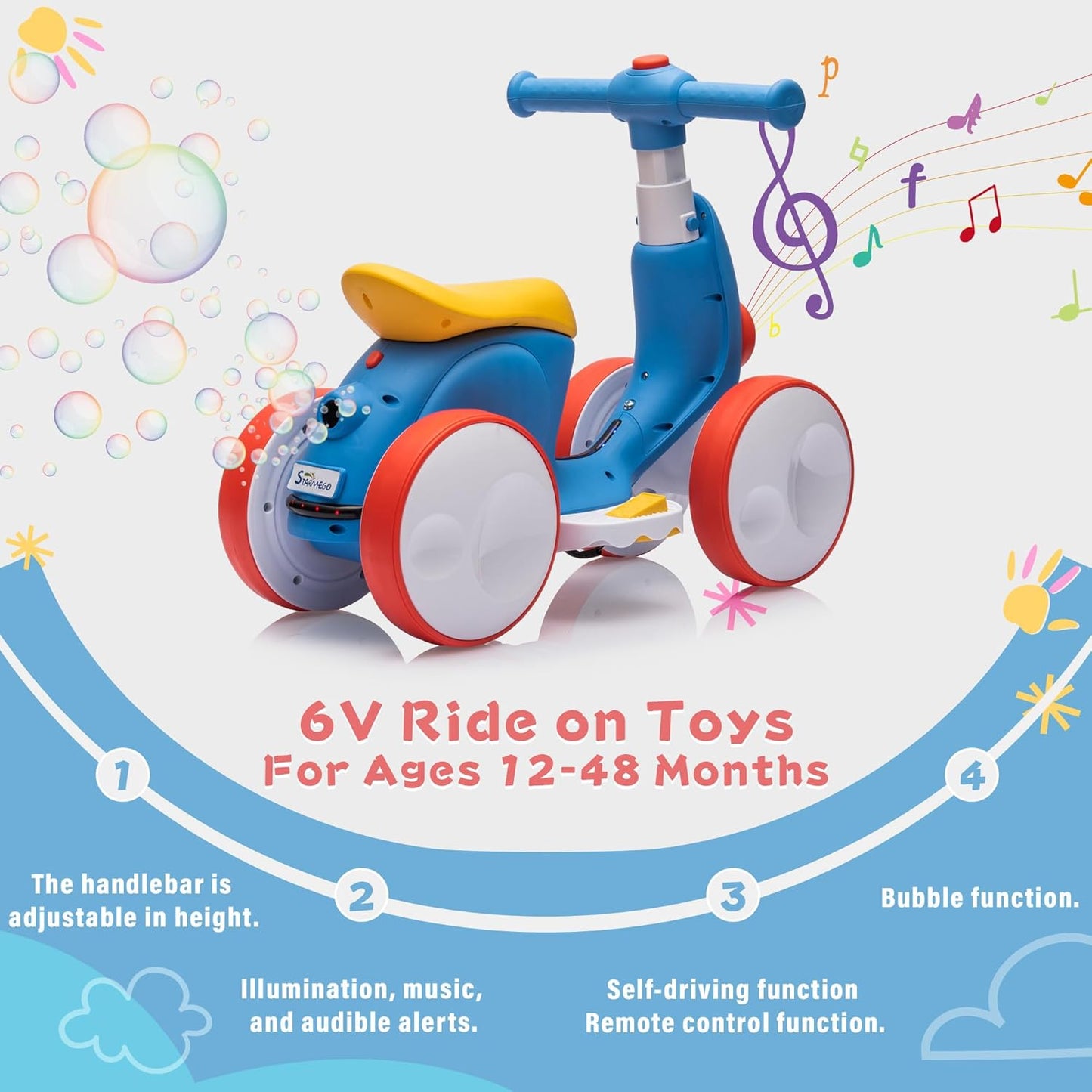 6V Electric Baby Balance Bike with Bubble Machine,4 in 1 Toddler Balance Bike w/Remote for 1 Year Old Boys Girls Kids Bubble Bike Ride on Toys w/Powered Motor,Music,LED Lights (Blue&Red)
