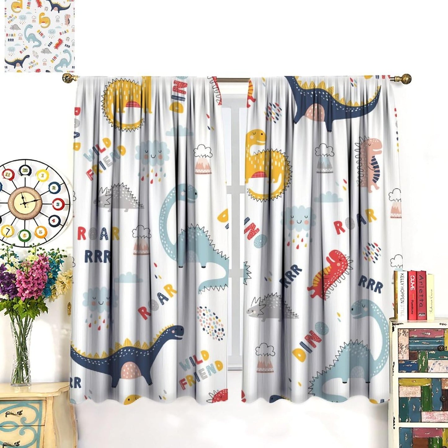 Cartoon Dinosaur Curtains for Kids Boys Girls Home Decor Colorful Cute Dino Animals Print Pattern Rod Pocket Blackout Window Drapes for Nursery Baby Bedroom Playroom W27.5xL63in 2 Panels