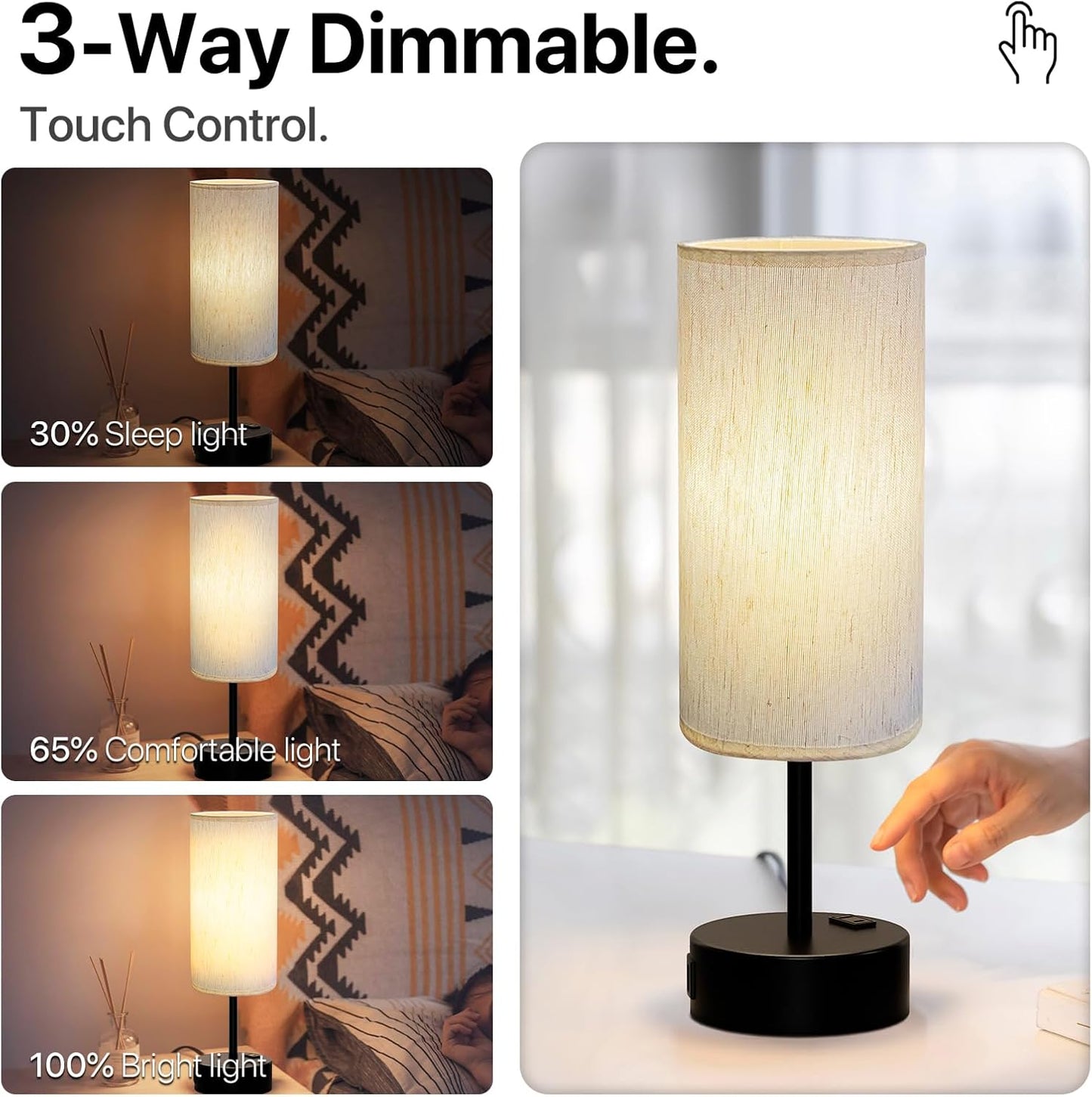 KPQ Small Bedside Lamp Touch Control Table Lamp with USB A+C Charging Ports & AC Outlet 3-Way Dimmable Nightstand Lamp with Linen Fabric Shade for Bedroom Living Room