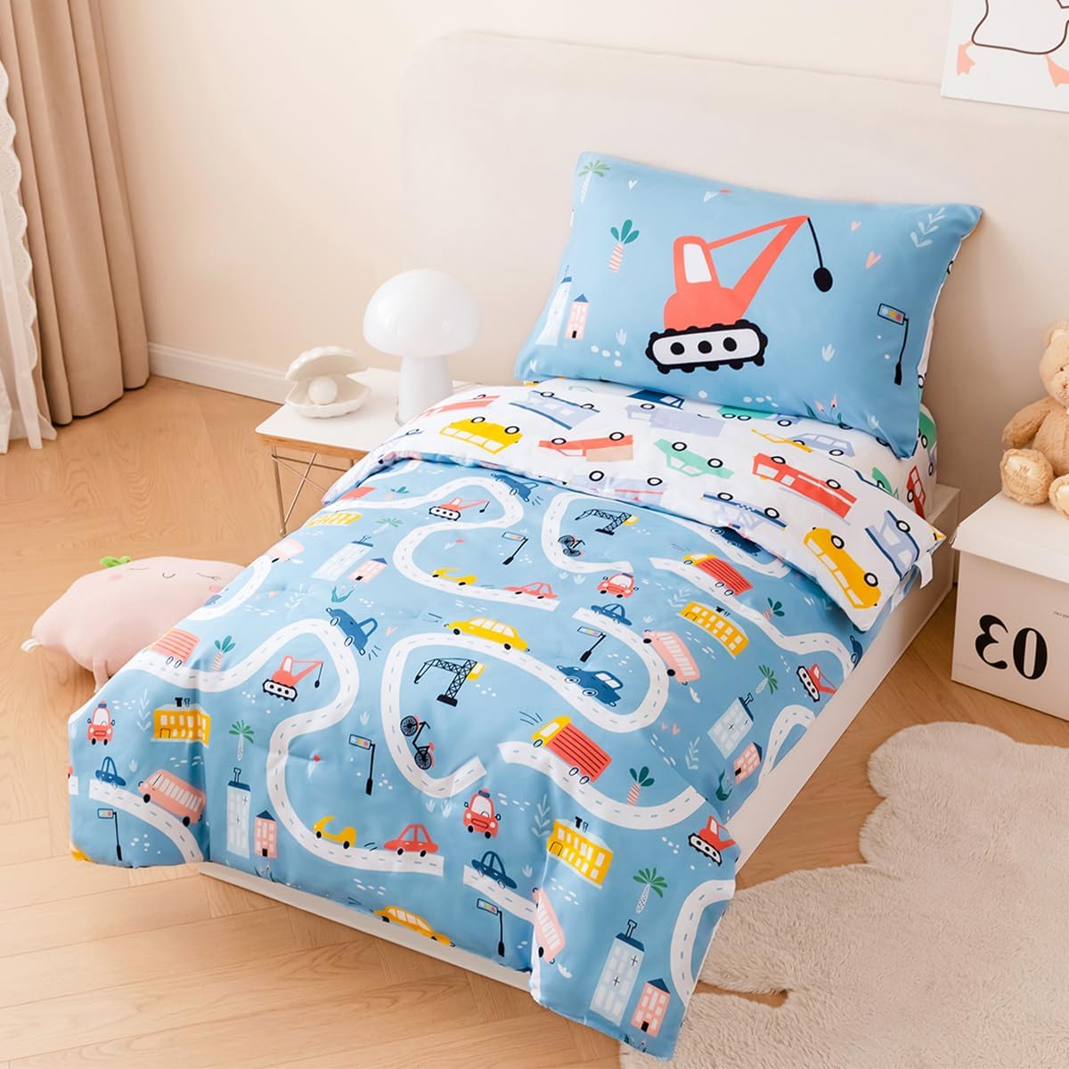 PERFEMET 4-Piece Toddler Bedding Set Boys Cars Toddler Comforter with Sheets Reversible Lightweight Blue Vehicles Toddler Bed Set for Crib(Blue, Cars)