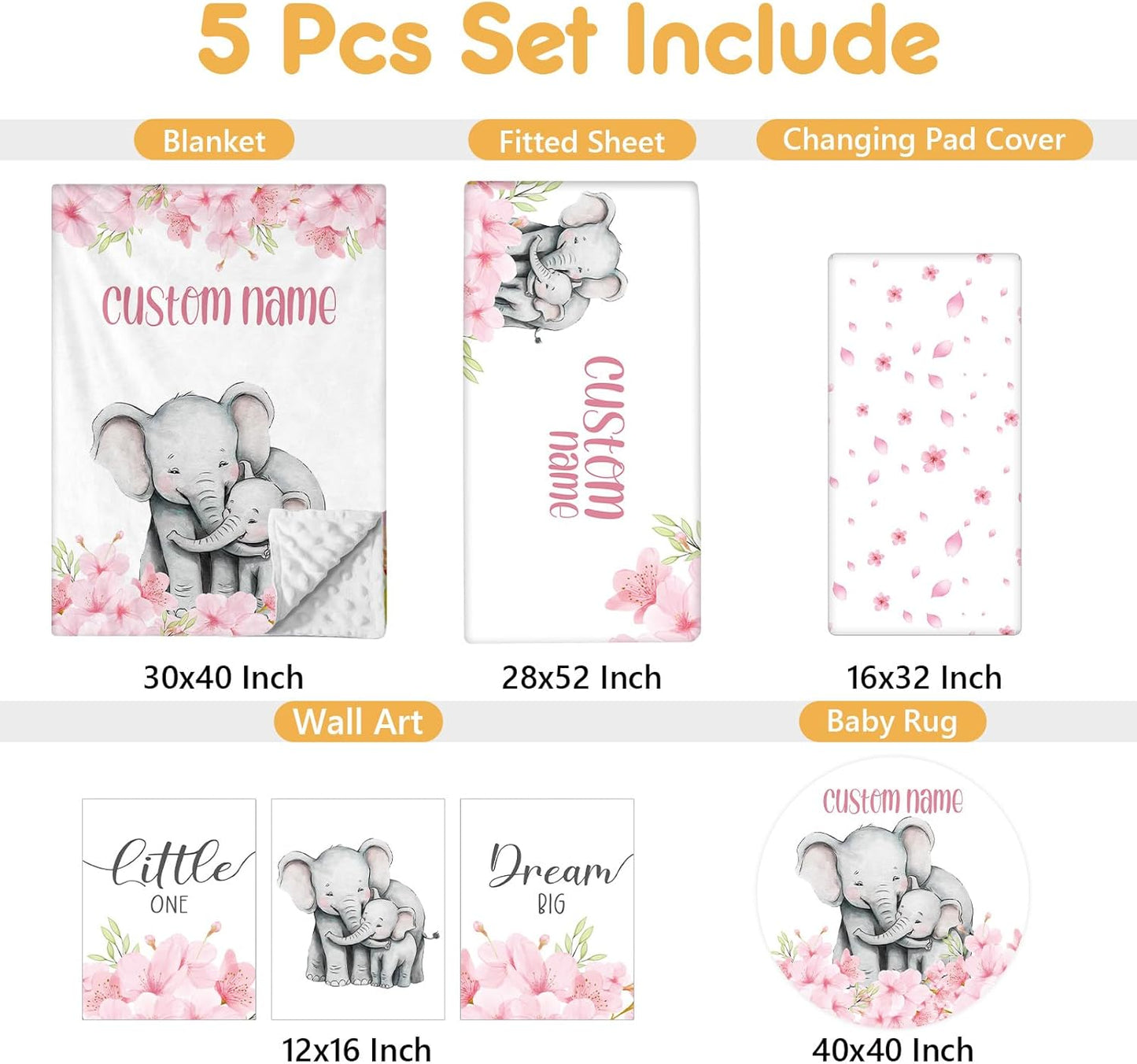 Personalized Crib Bedding Set, 5 Pcs Custom Nursery Bedding Sets with Name, Infant Bedding Set for Baby Girls, Pink Elephant Double Layer Baby Crib Set, Babies Toddlers Kids Customized Gifts