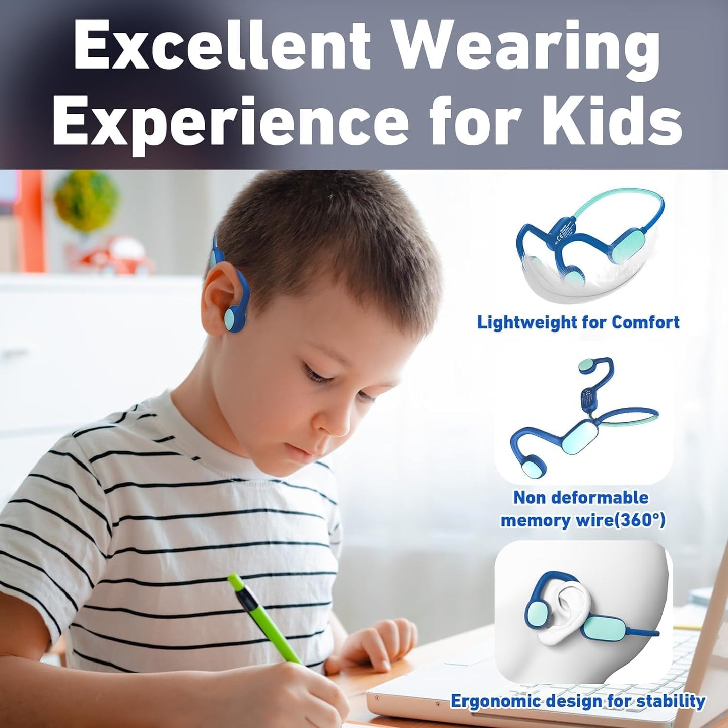 Kids Headphones, Bluetooth 5.2 Air Conduction Open Ear Headphones, 85dB Volume Limiting, Blue Pink