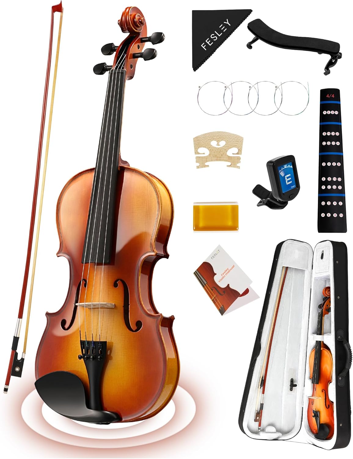 Fesley Violin Fiddle Full Set: 4/4 Polished Violin Kit for Beginners, Acoustic Violin with Hard Case, Solidwood Hand Made Starter Kit with Bow, Rosin, Shoulder Rest, Tuner, Extra Strings