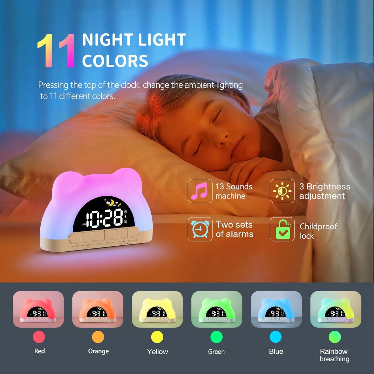 Hournor Kids Alarm Clock, Ok to Wake Alarm Clock for Kids, Toddlers Sleep Training Clock with 12 Colors Night Light for Bedroom, Sound Machine, Birthday Gift for Boys Girls Children(Adapter Include)