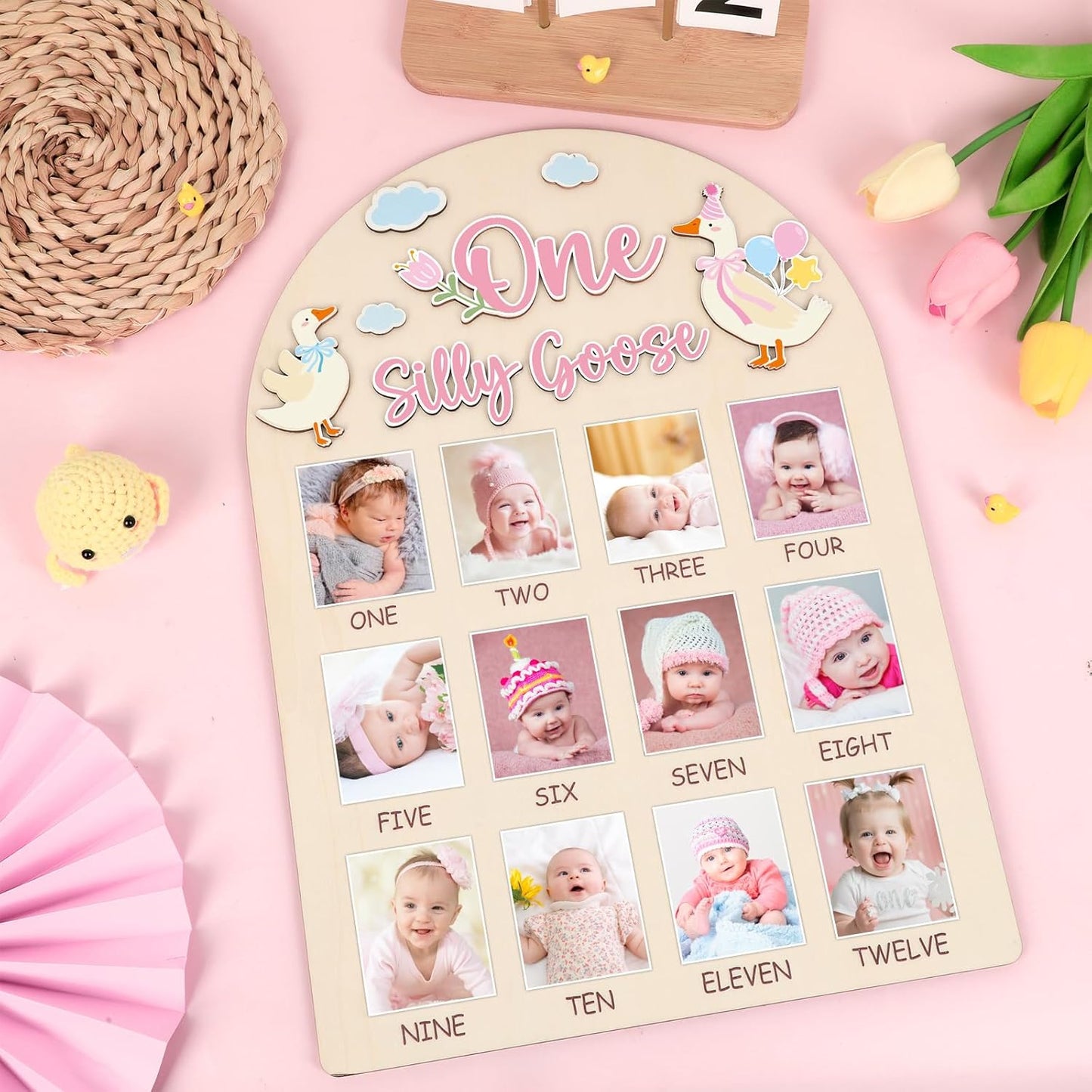 One Silly Goose Photo Board Goose Themed Birthday Party Wooden Board Decorations 12 Monthly Milestone Picture Frame One Year Old Wood Sign 1st Birthday Photo Banner for Baby Girls Keepsake Gift Supply