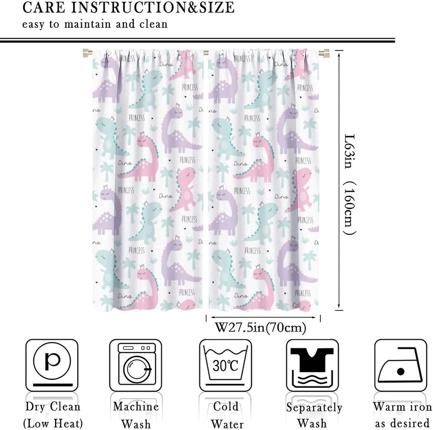 Kids Dinosaur Curtains for Boys Girls Bedroom Decor Cartoon Dino Colorful Cute Funny Animal Wildlife Printed Blackout Rod Pocket Window Drapes for Baby Nursery Playroom W27.5xL63in 2 Panels