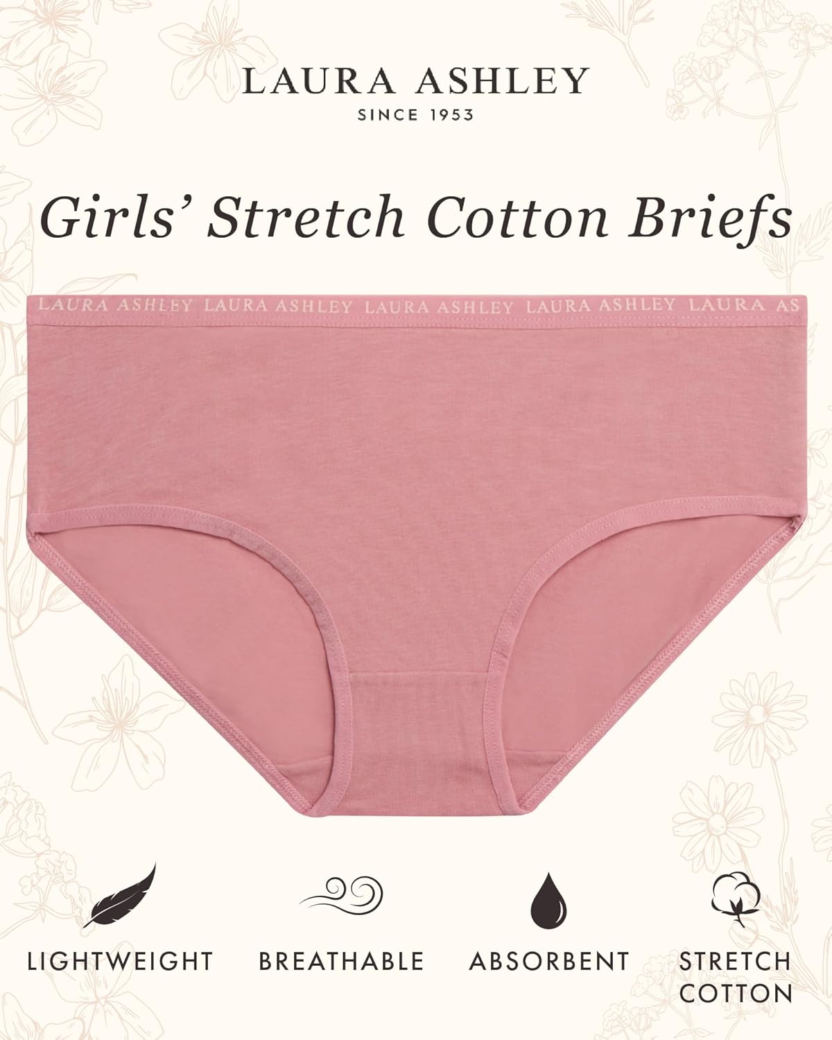 Laura Ashley Girls Underwear - 5 Pack Soft Stretch Breathable Panties for Girls - Lightweight Cotton Panties (Size: 4-12)