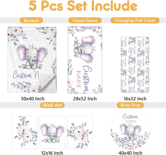 Personalized Baby Crib Bedding Set, 5 Pcs Custom Name Nursery Bedding Set, Purple Elephants Baby Bedding Set for Girls Boys, Double Layer Baby Crib Sets, Customized Gifts for Toddlers Infants