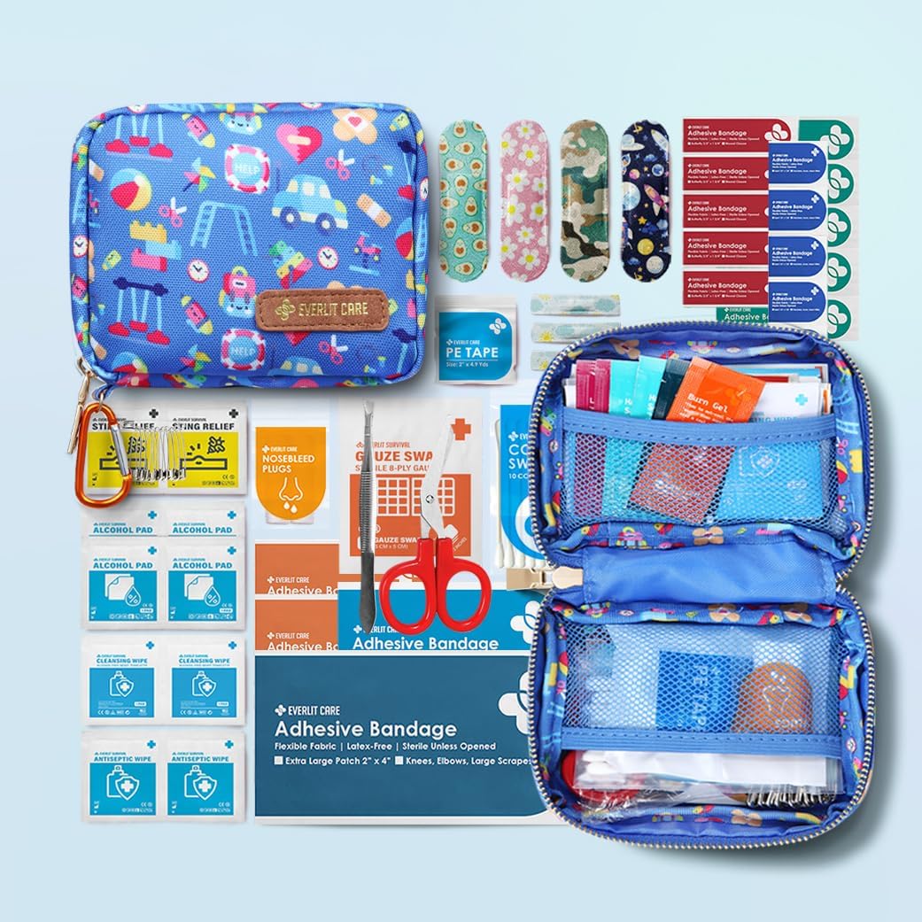 EVERLIT Mini Rescue Pack | 105 Medical Essentials Organized in Portable Storage Bag | Pocket Size Kids First Aid Kit with D Ring | Small Family-Friendly Travel Medical Kit (Playground)