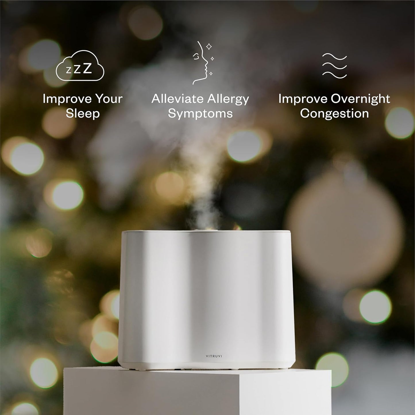 Vitruvi Cloud Bedside Humidifier, White Humidifier, 24 Hr Run Time, 602ft Coverage, Large Home Bedroom, Baby Room - Includes 3 Month Filter