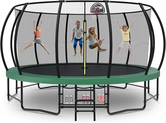 Tatub Large Trampolines Outdoor 10 12 14 15 16FT for Kids and Adults,Outdoor Recreational Pumpkin Trampolines with Curved Poles and Safety Enclosure Net, Basketball Hoop, Ladder