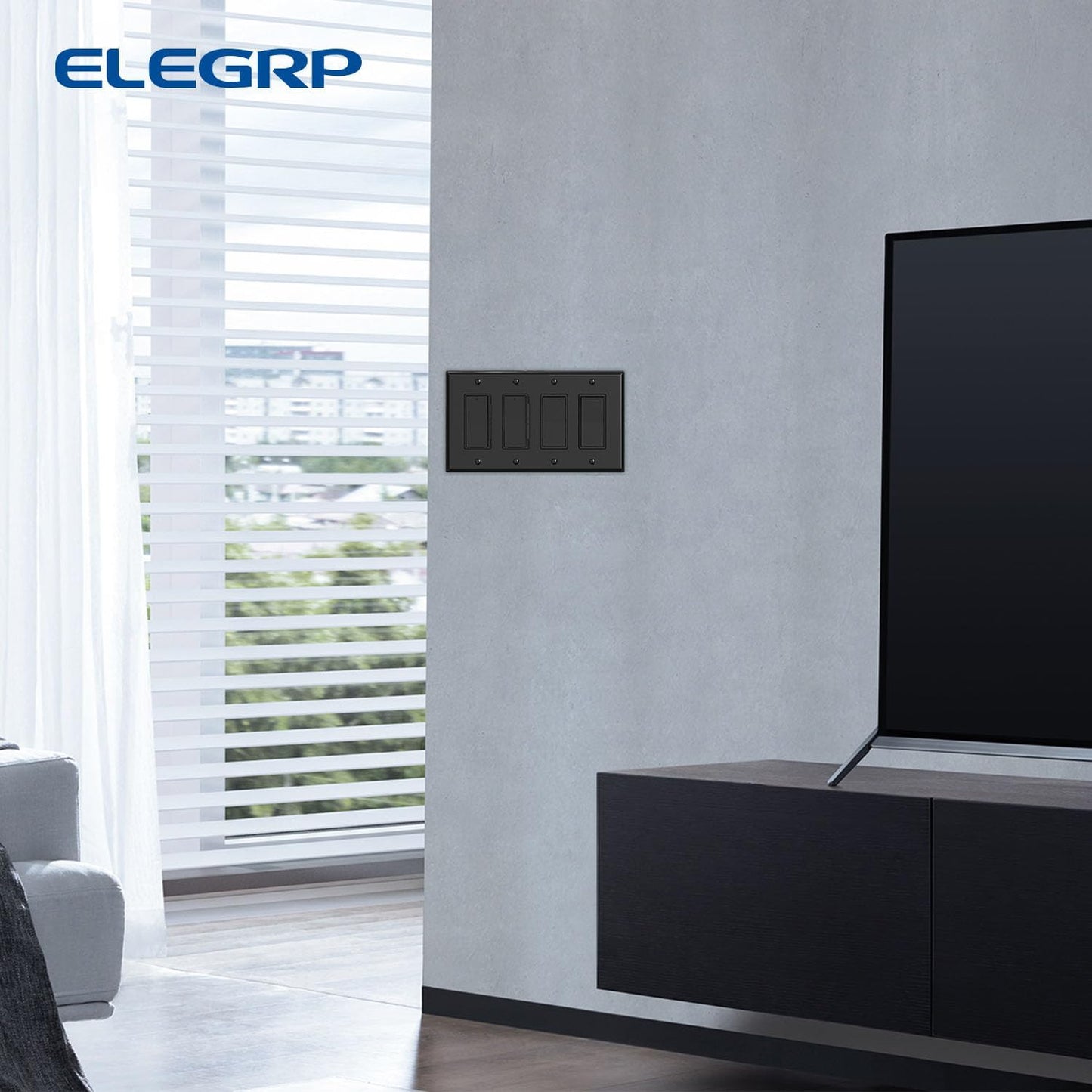 ELEGRP 4-Gang Decorative Wall Plates, Mid-Size 4.88" H x 8.57" L Unbreakable Thermoplastic Faceplate Cover for Decorator Receptacle Outlet Switch, UL Listed (2 Pack, Glossy Black)