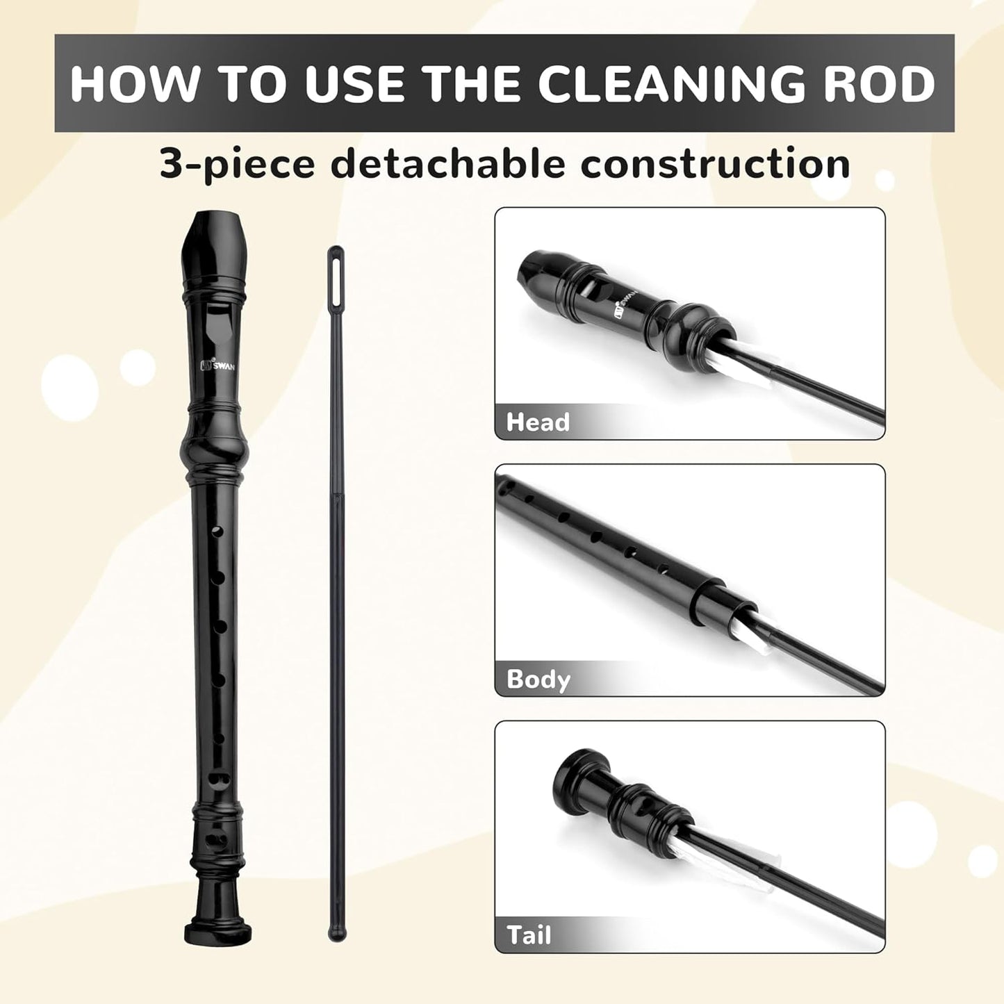 SWAN Soprano Recorder Instrument for Beginners Kids Student - German Fingering 8 Hole Flute Descant Recorders with Cleaning Rod Fingering Chart, Black