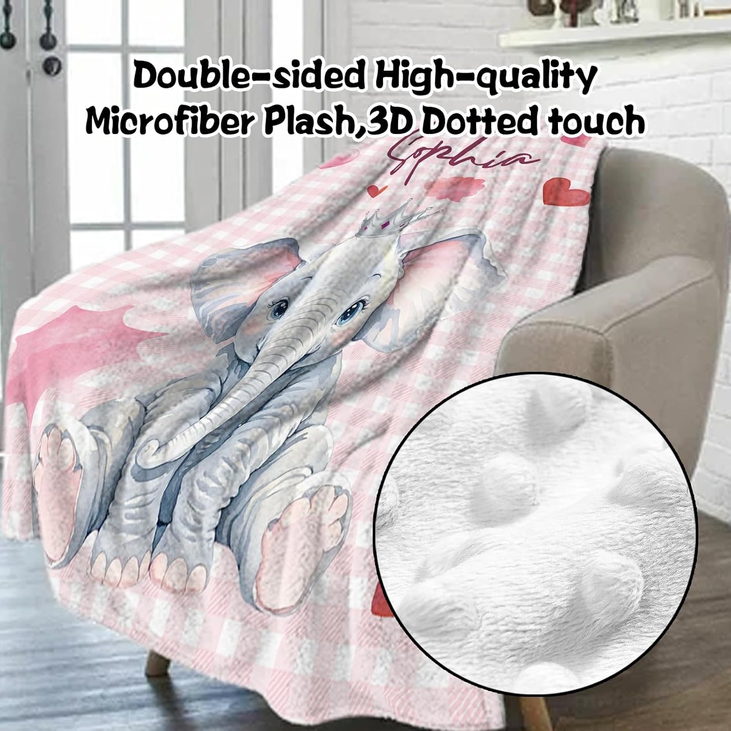 Custom Nursery Crib Bedding Set: Personalized Name 4 Piece Pink Checkered Elephant Pattern Baby Crib Sets for Girls - Toddler Double Layer Blanket Set, Comfortable Crib Bed Sheets for Baby Toddlers