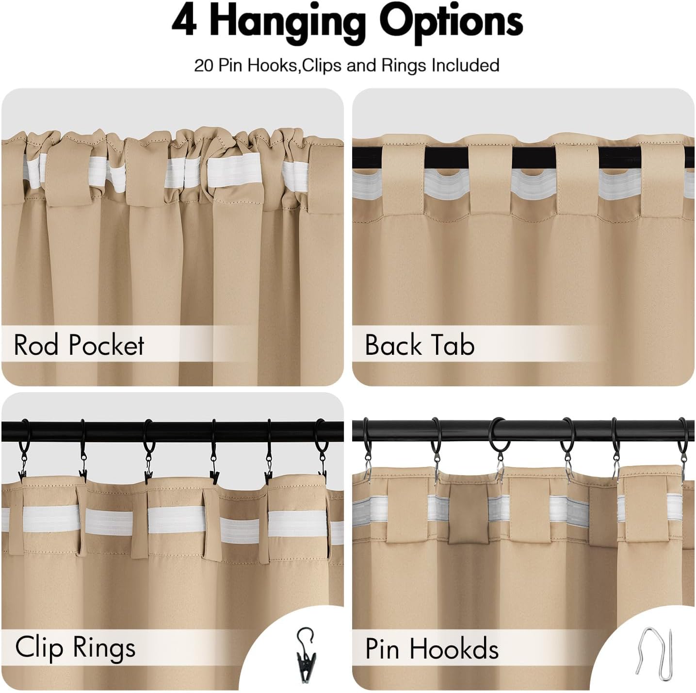 ANRODUO Back Tab Blackout Curtains for Bedroom Living Room, Rod Pocket Pinch Pleated Thermal Insulated Room Darkening Curtains 96 Inches Long 2 Panels, Beige, 42 x 96 Inch