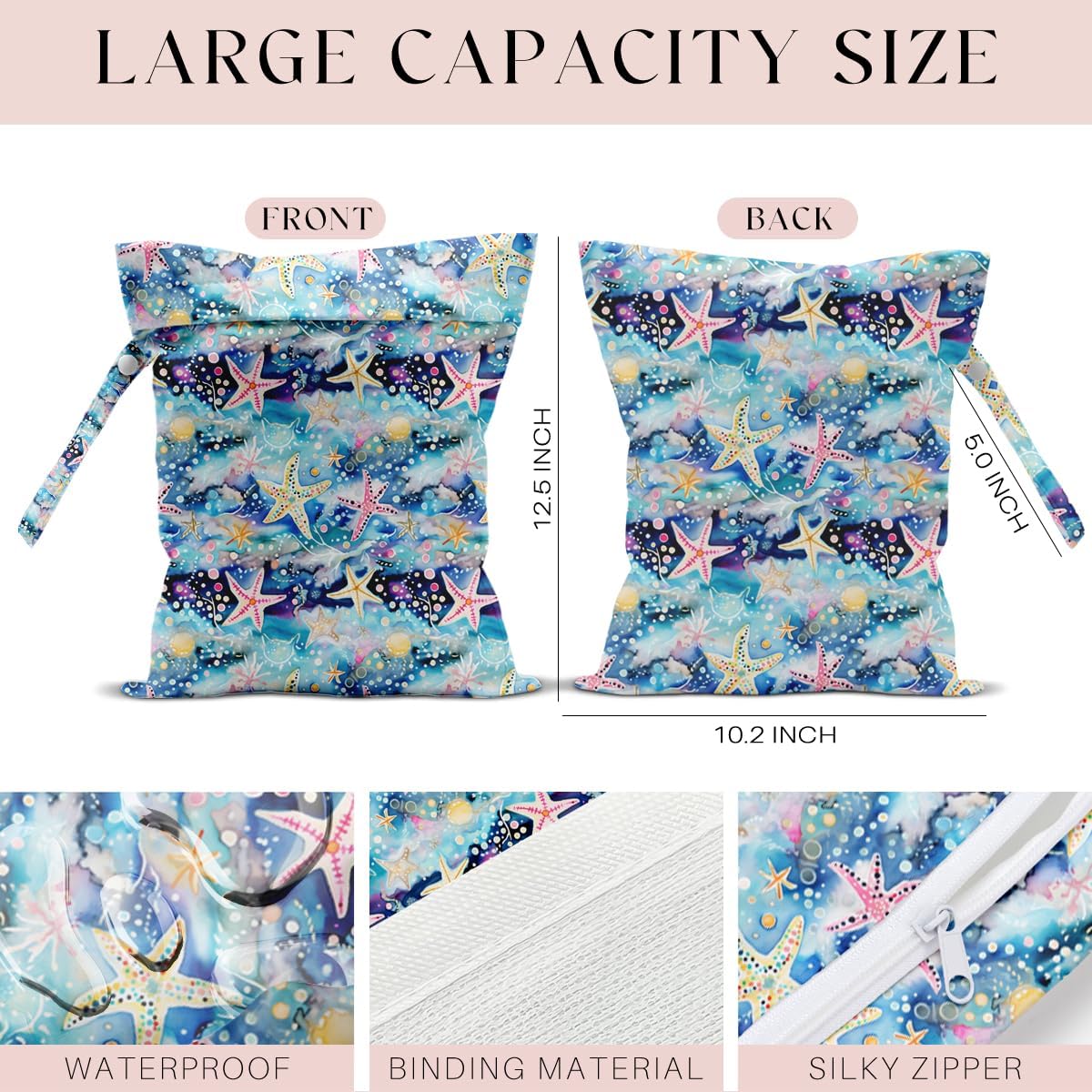 Wet Bag for Swimsuit, Beach Travel Essentials Wet Dry Bag, for Sunscreen Toiletry Dirty Clothes Yoga Gym Diaper, Friends Summer Beach Vacation Gifts. Colorful starfish coral