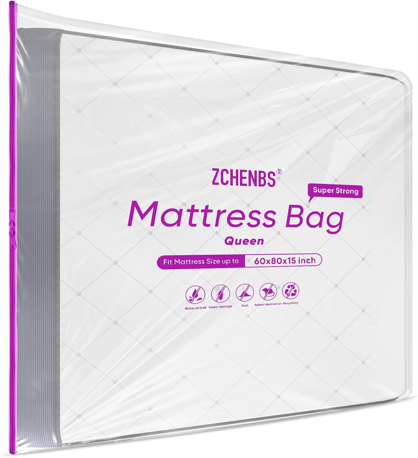ZCHENBS® – Mattress Bags for Moving and Storage,Mattress Bag with Zippers,5 Mil Ultra-Thick Bed Bag,Waterproof,Anti-Tear,Heavy-Duty Mattress bag (Tansparent/Purple, Queen-(2 Pack))
