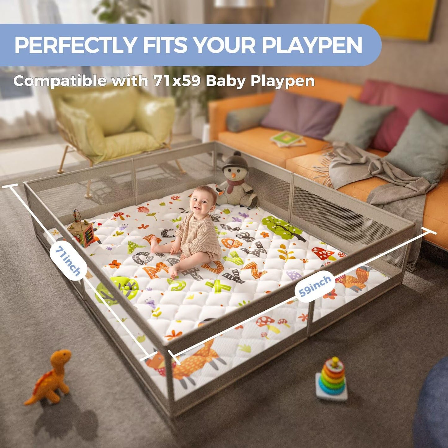 Baby Play Mat 71" X 59" Playpen Mat Upgraded Thicken Baby Floor Play Mat Non-Slip Cushioned Crawling Mat Waterproof Activity Playmats for Babies Toddlers Infants (71X59, Letter Fox)