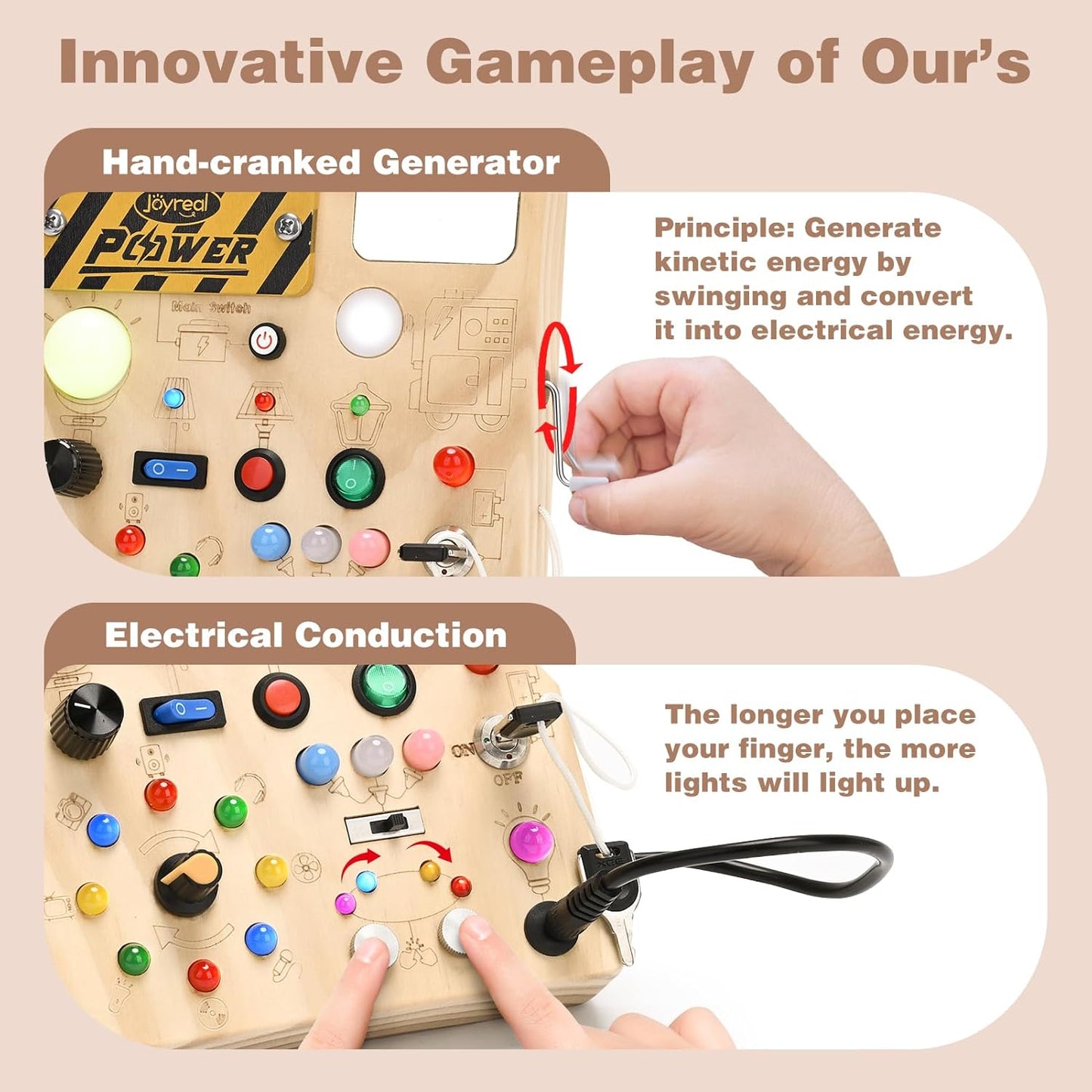 Joyreal Busy Board with 22 LED Light - Montessori Toys for 1 2 3 Years Old, Wooden Toddler Sensory Board for Kids with Autism, Fidget Board Travel Toys for 1+ Year Old Boy & Girl Birthday Gift (Big)