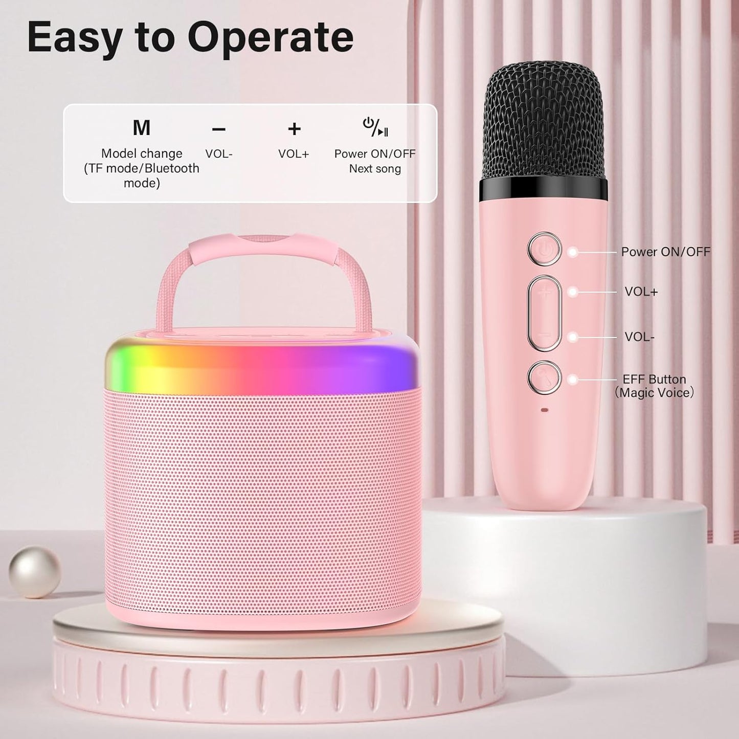 JYX Mini Karaoke Machine for Kids, Portable Bluetooth Karaoke Speaker Unpowered Cabinets with 1 Wireless Microphones and Party Lights for Adults, Birthday Gifts for Girls Boys Family Home Party(Pink)