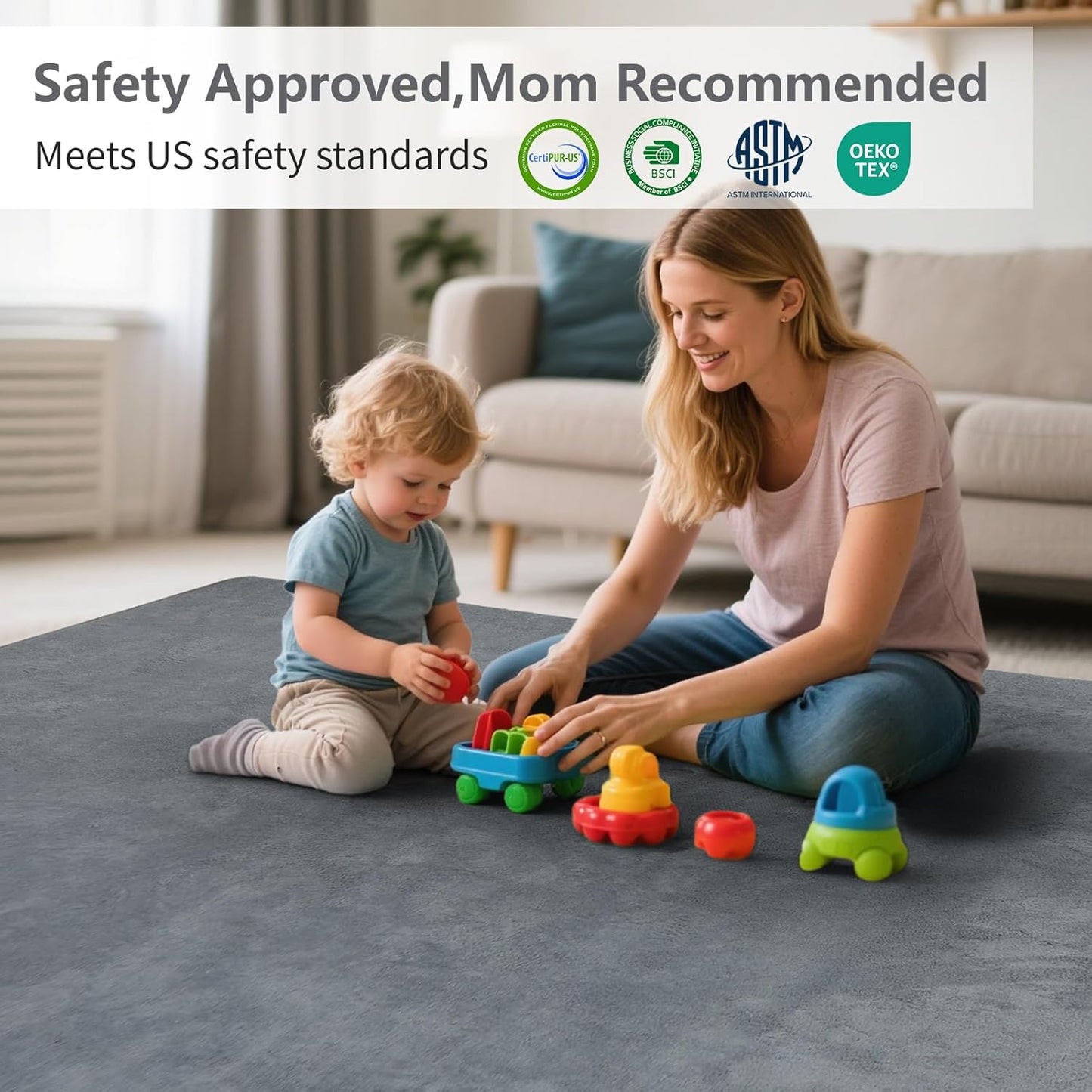 Baby Play Mat for Floor,1.3" Thick Elasti-Foam 50"×50" Playpen Mat for Tummy Time,Water Repellent Soft Coral Velvet for Toddler,Infant,Kids,Non-Slip Backing Safe for Crawling(Dark Grey)