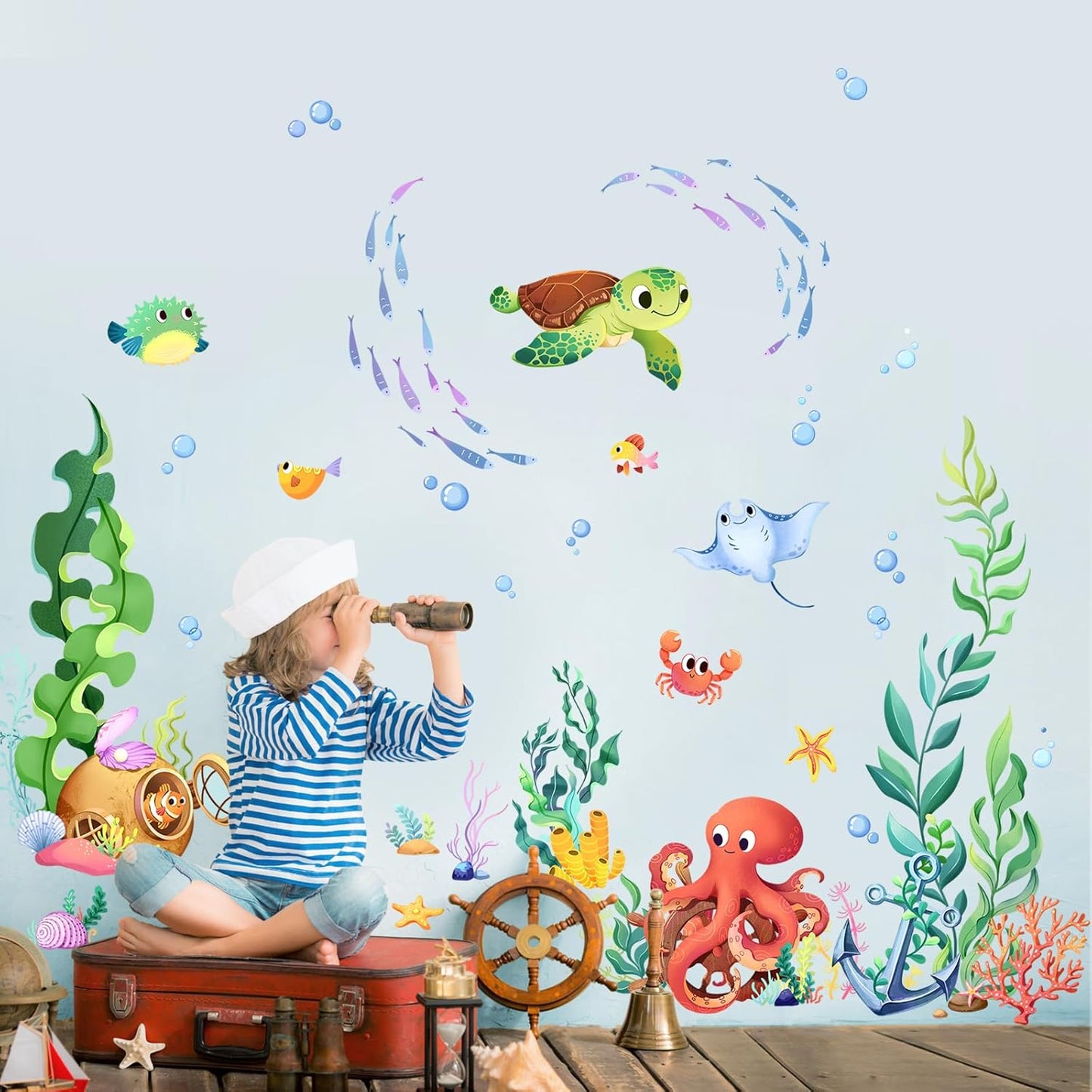 Supzone Under The Sea Wall Decals Ocean Fish Seaweed Sea Turtle Octopuses Wall Stickers for Kids Toddlers Bedroom Living Room Baby Nursery Wall Decor