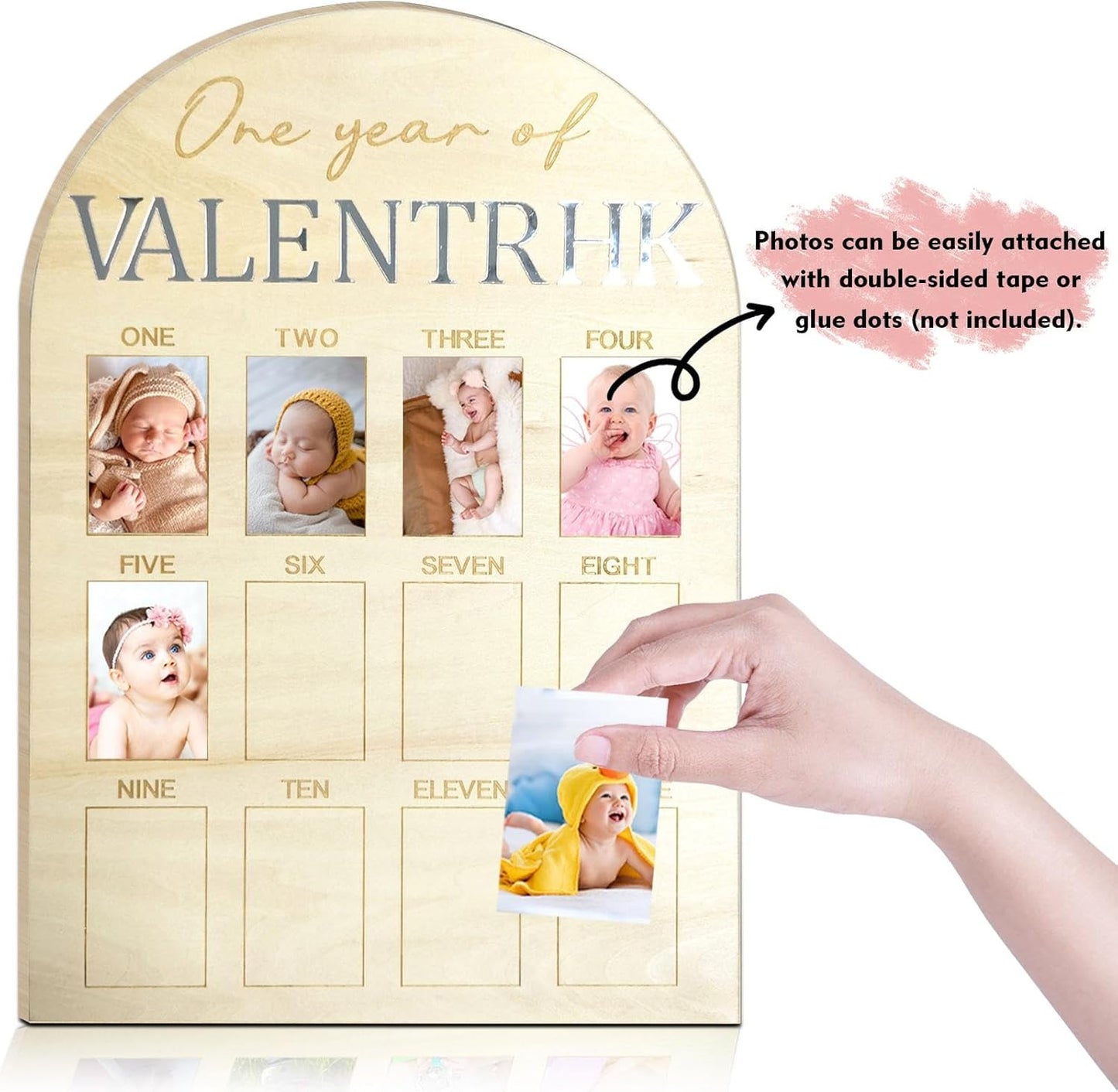 One Year Of Photo Board My First Year Milestone Board 12 Monthly Picture Frame Baby's First Year Wood Photo Board Acrylic Mirror Letters 1st Birthday Decoration Baby Keepsake Gift (2" x 3" photos - Wallet Size)