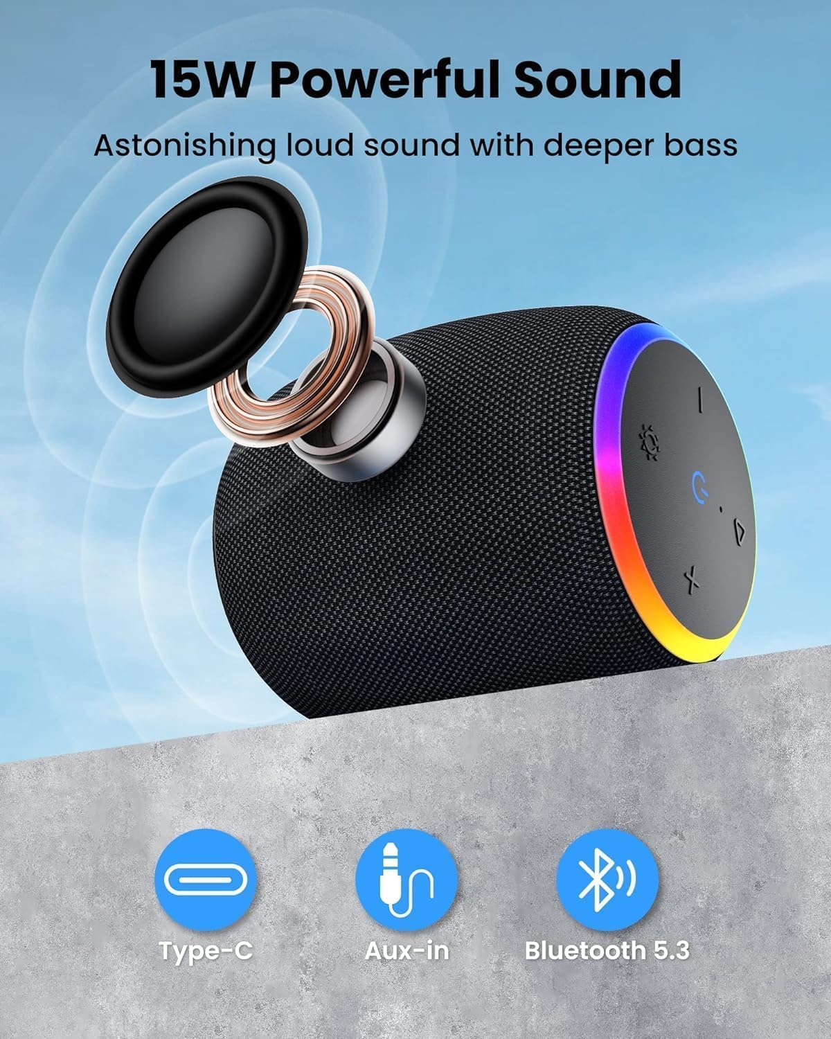 Bluetooth Speaker, Portable Wireless Bluetooth 5.3, 15W Clear Bass, IPX6 Waterproof, LED Lights, AUX/TF/USB, Dual TWS Pairing, 12H Playtime, Small Speakers for Home Outdoor Beach, Ideal Gift
