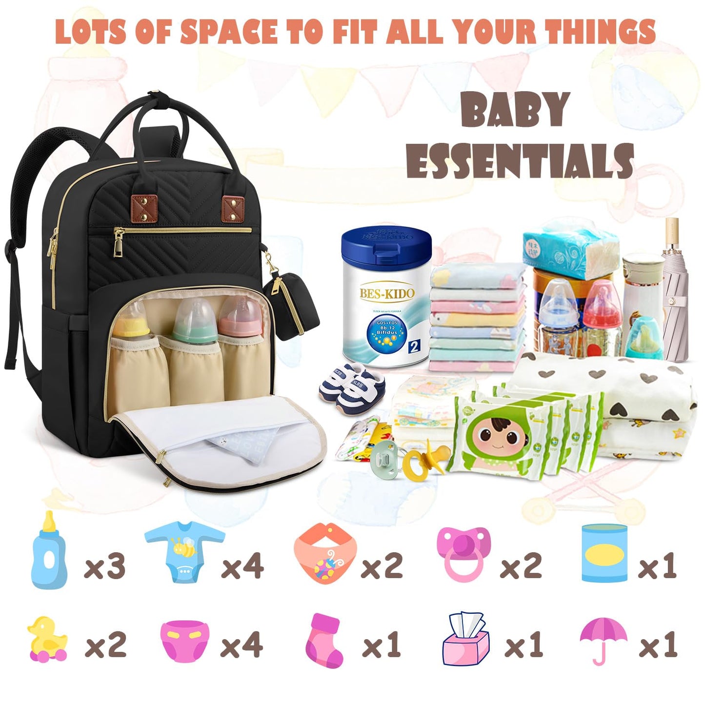 Baby Diaper Bag Backpack, Travel Diaper Bags for Baby Girl Boy Large Capacity Baby Bag Backpack for Women Black