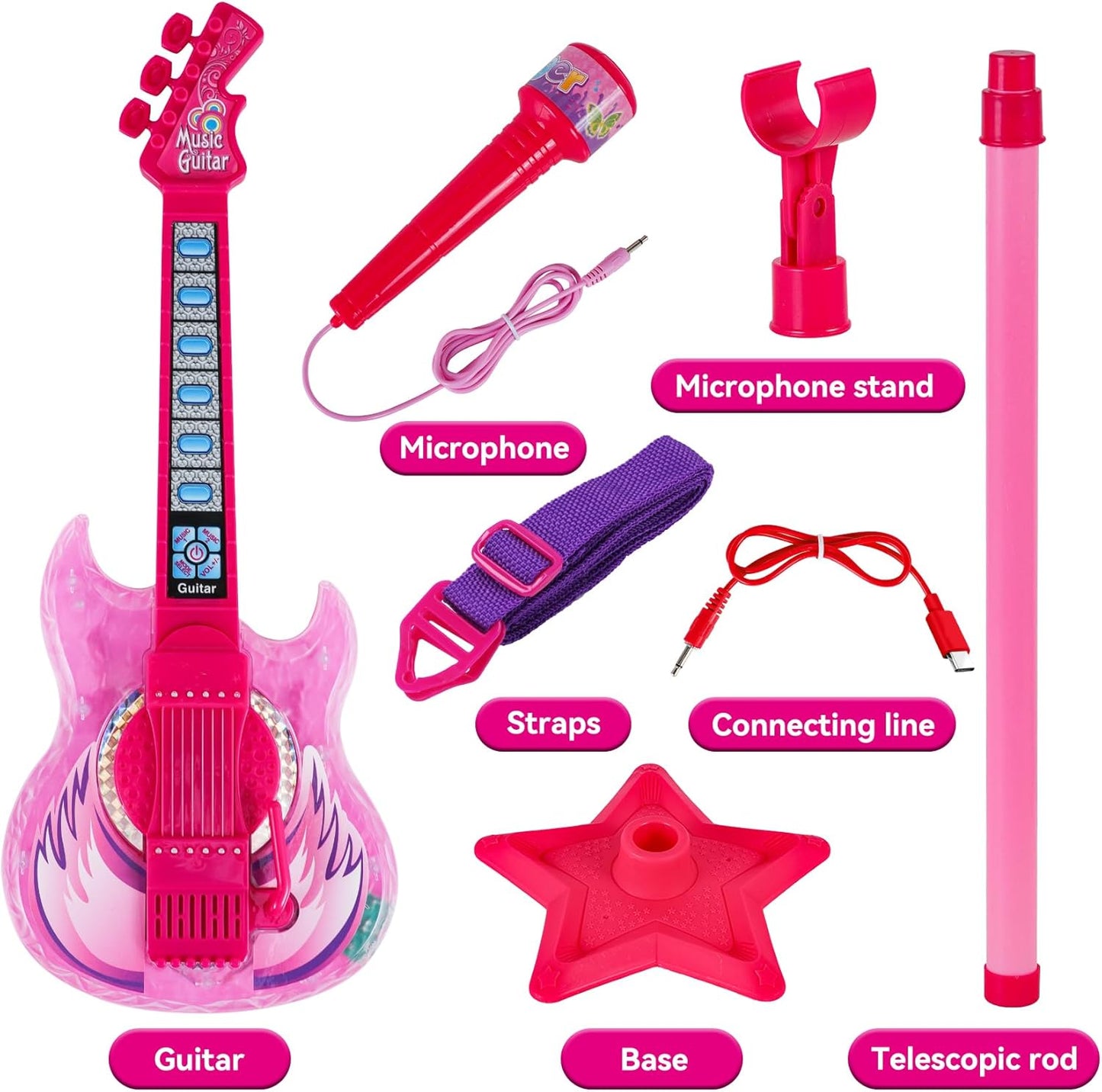 Guitar and Microphone Play Set for Girls,Karaoke Machine with Music&Light,Microphone Toys with Stand,Adjustable Height Guitar Toys for Kids,Toddlers,Child(Red)