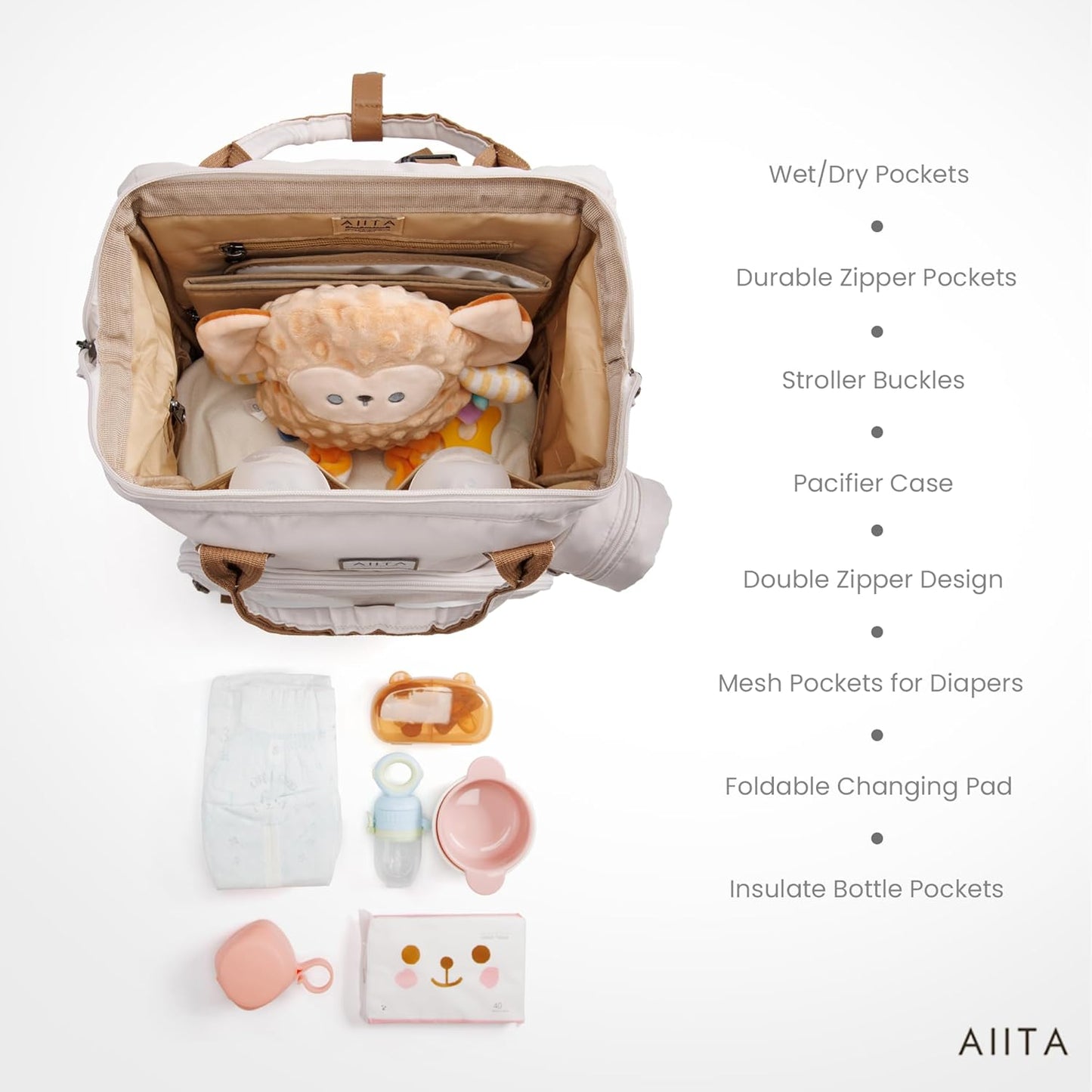 Diaper Bag Backpack, Multifunction Diaper Bag with Changing Station, Stylish Baby Bags, Large Unisex Diaper Backpack for Mom and Dad, Baby Registry Search, Portable Changing Pad – White Beige
