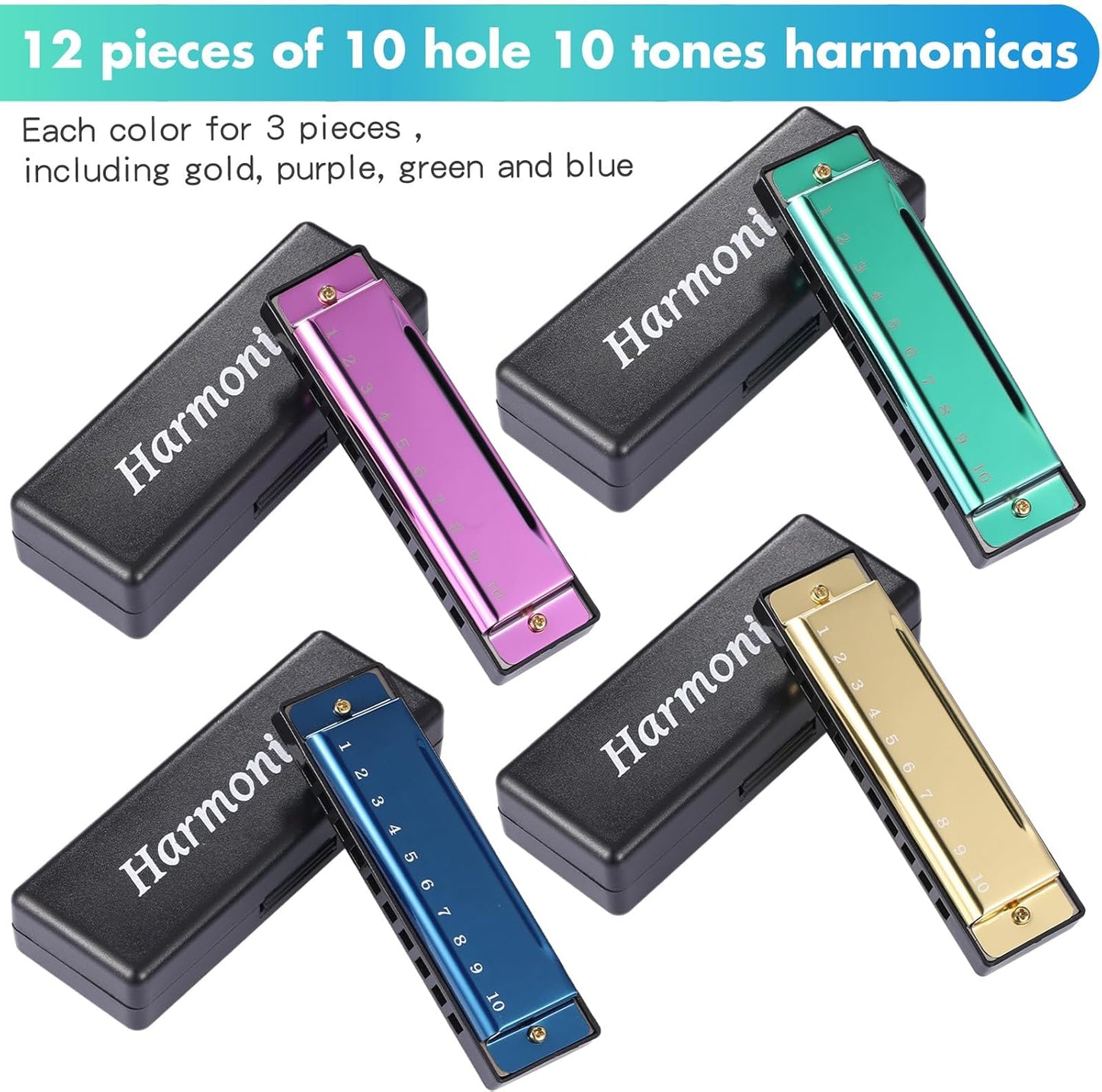 12 Pcs Harmonica Set 10 Hole 10 Hole 10 Tones Titanium Color Harmonica with Case Diatonic Chromatic Harmonica Musical Mouth Organ for Beginner Students Adults Instruments Gifts, 4 Colors