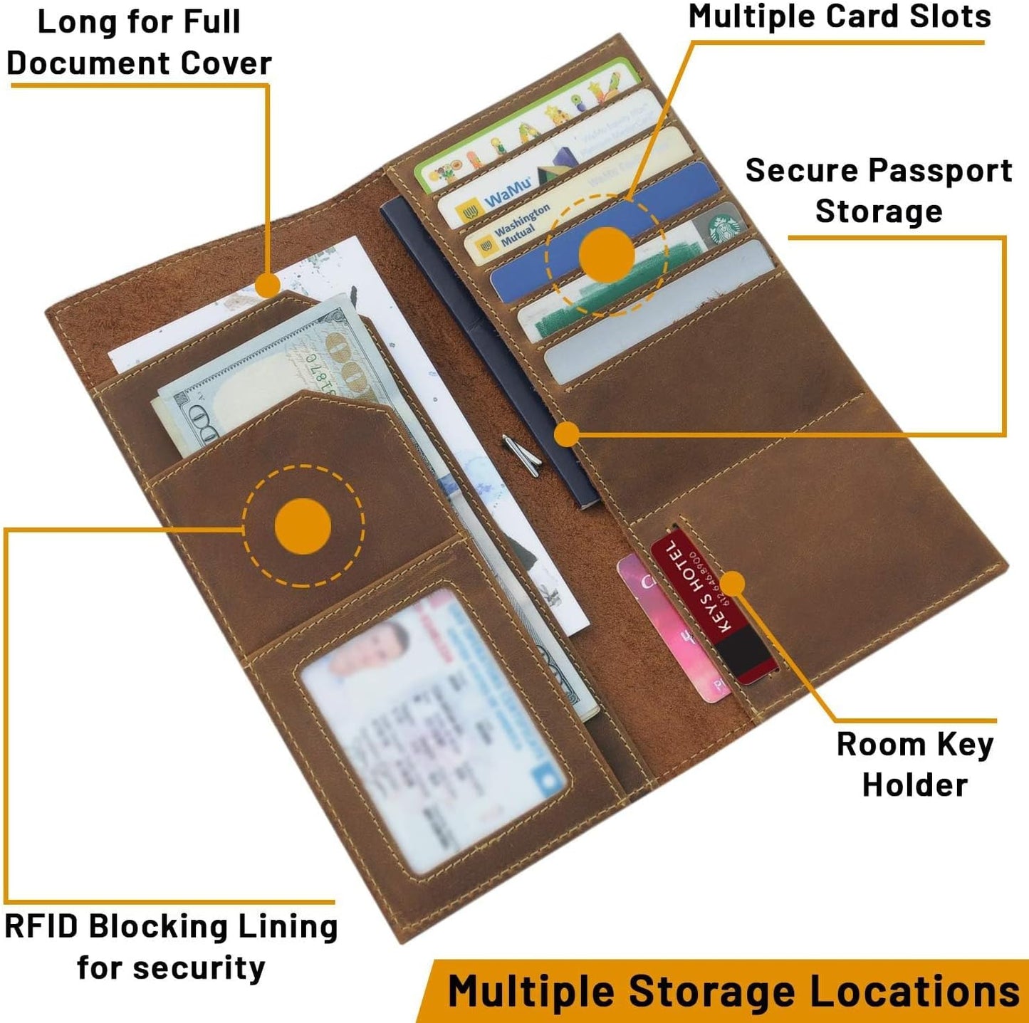 WANDERINGS Genuine Leather Passport Wallet - 4.25 x 9 - Large Leather Passport Holder for Travel - Folding Leather Travel Wallet Case with RFID Blocking, Travel Organizer for Men and Women