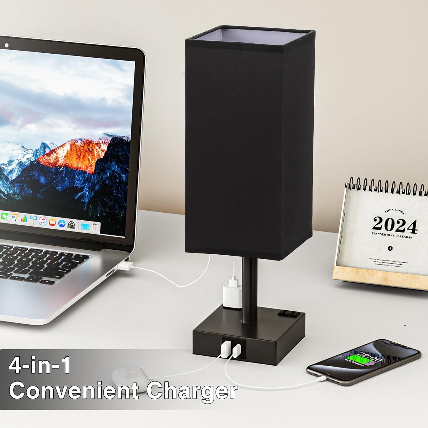 Touch Bedside Table Lamp for Nightstand - 3-Way Dimmable Night Lamp with USB A + Type C Charging Ports and Two AC Outlets, Small Desk Light with E26 LED Bulb for Bedroom Living Room Dorm Office,Black