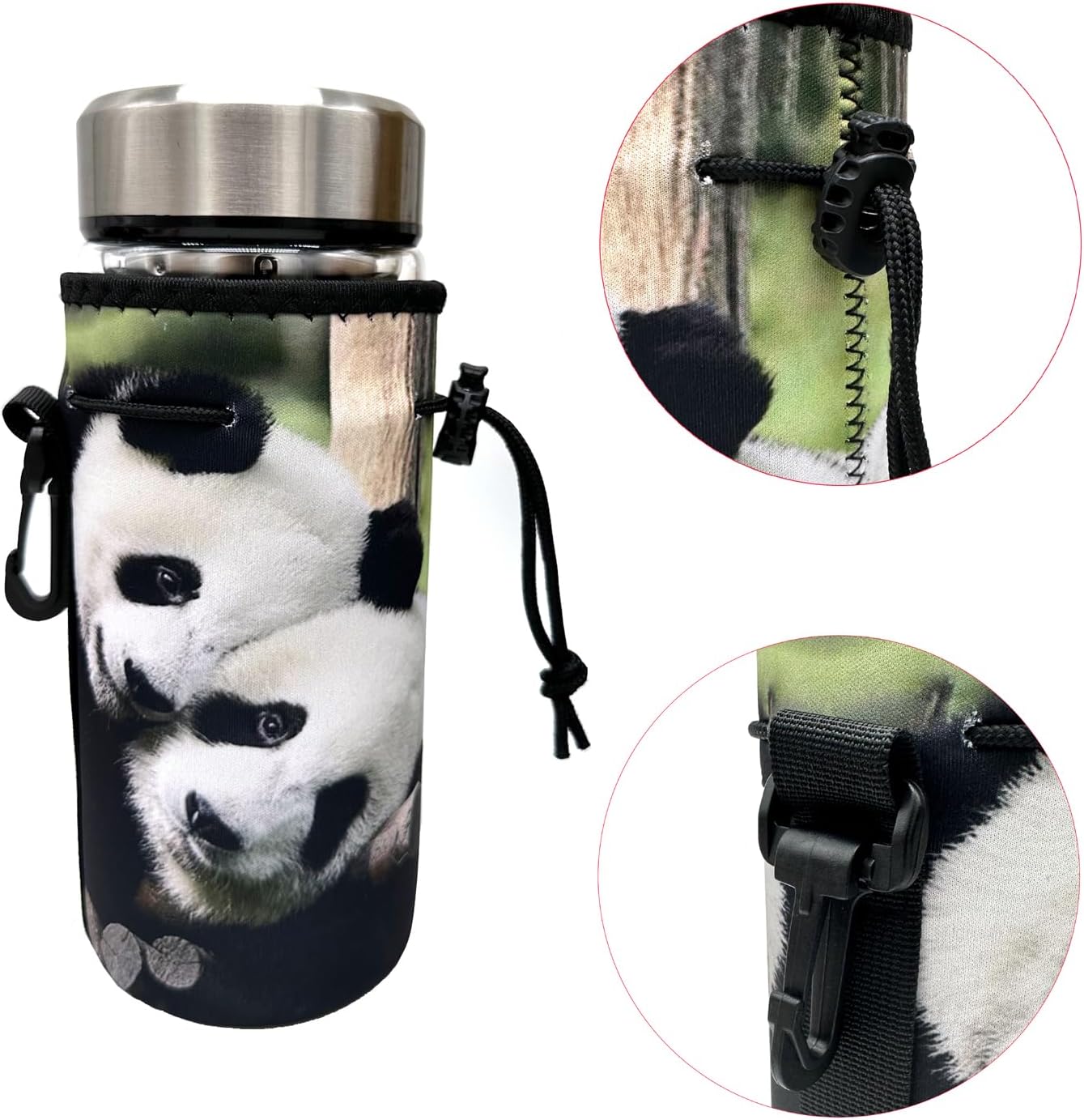 Water Bottle Bag Carrier, Water Bottle Neoprene Sleeve Portable Insulator Bottle Cover Drawstring Insulator for 18 Oz 20 Oz Water Bottle (Panda)