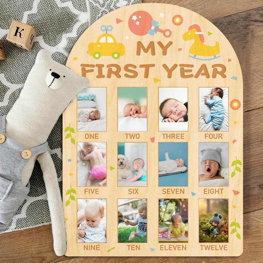 ORIGACH My First Year Baby Growth Photo Display Wood Board - 12 Months Newborn Milestones Photo Board - Neutral Baby Keepsake Frame 1st Birthday Party Nursery Decor New Mom Gift - Car & Rocking Horse
