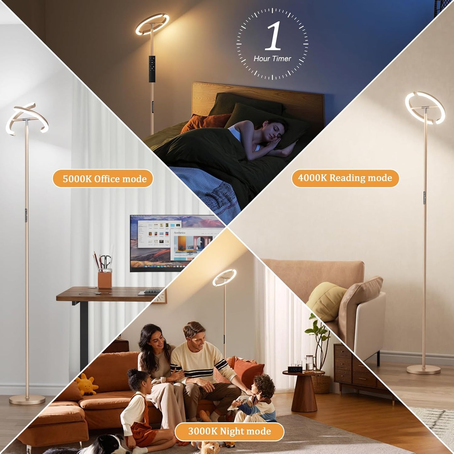 Floor Lamps for Living Room, 40W/2400LM LED Floor Lamp with Touch & Remote Control, 70" Tall Standing Lamp Stepless Dimmable, Modern Torchiere Corner Lamp for Bedroom, Office - Light Gold